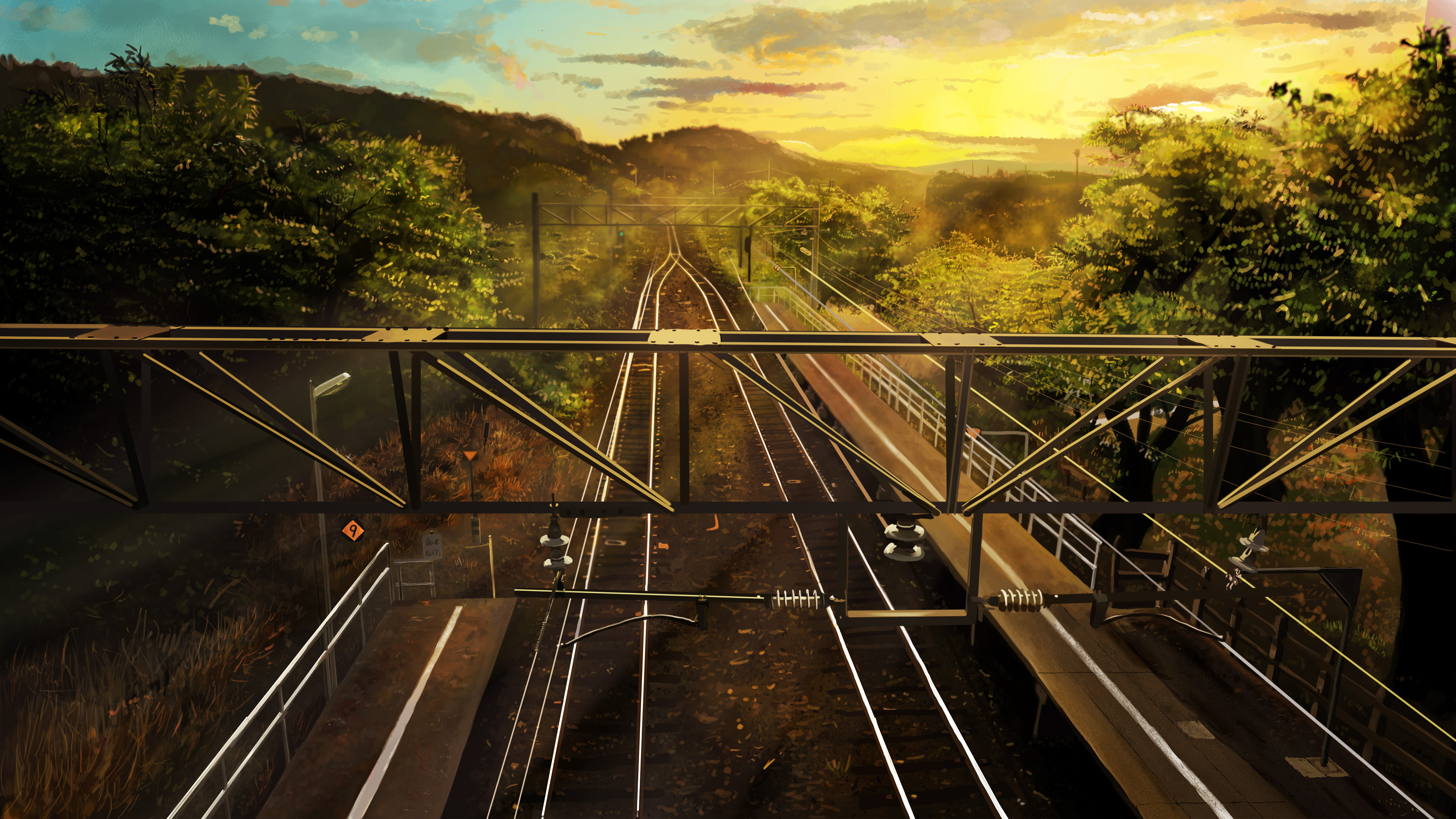 Download mobile wallpaper Anime, Nature, Sunset, Train Station, Railroad, Original for free.