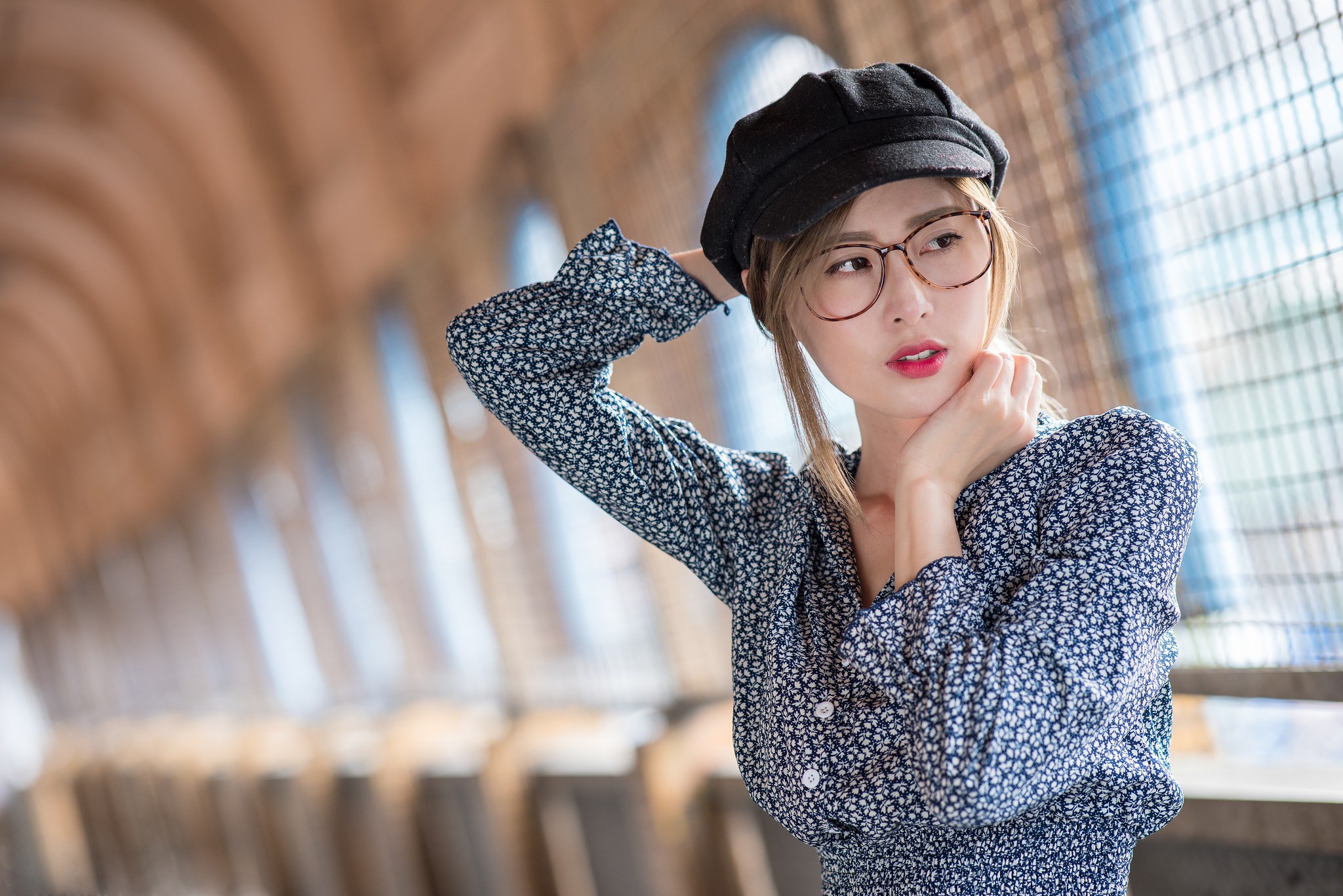 Download mobile wallpaper Glasses, Hat, Model, Women, Asian, Lipstick, Depth Of Field for free.