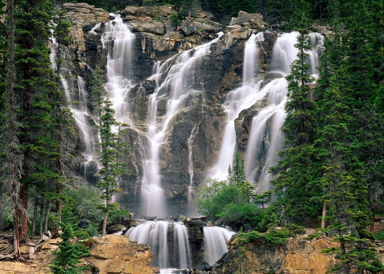 Скачать картинку Водопады, Гора, Канада, Водопад, Лес, Дерево, Земля/природа в телефон бесплатно.