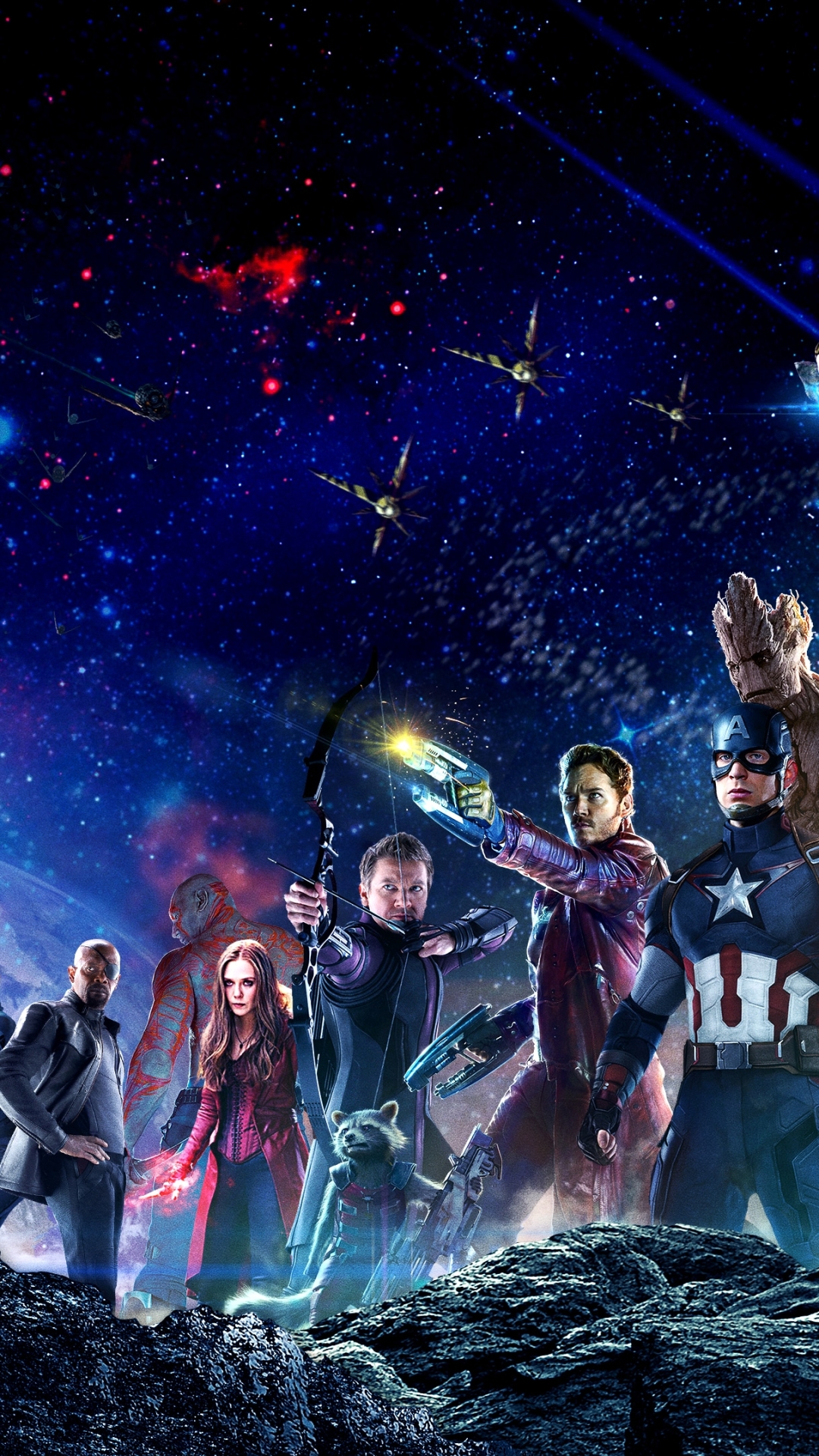 Download mobile wallpaper Captain America, Avengers, Movie, Hawkeye, Nick Fury, The Avengers, Rocket Raccoon, Star Lord, Drax The Destroyer, Groot, Peter Quill, Avengers: Infinity War for free.