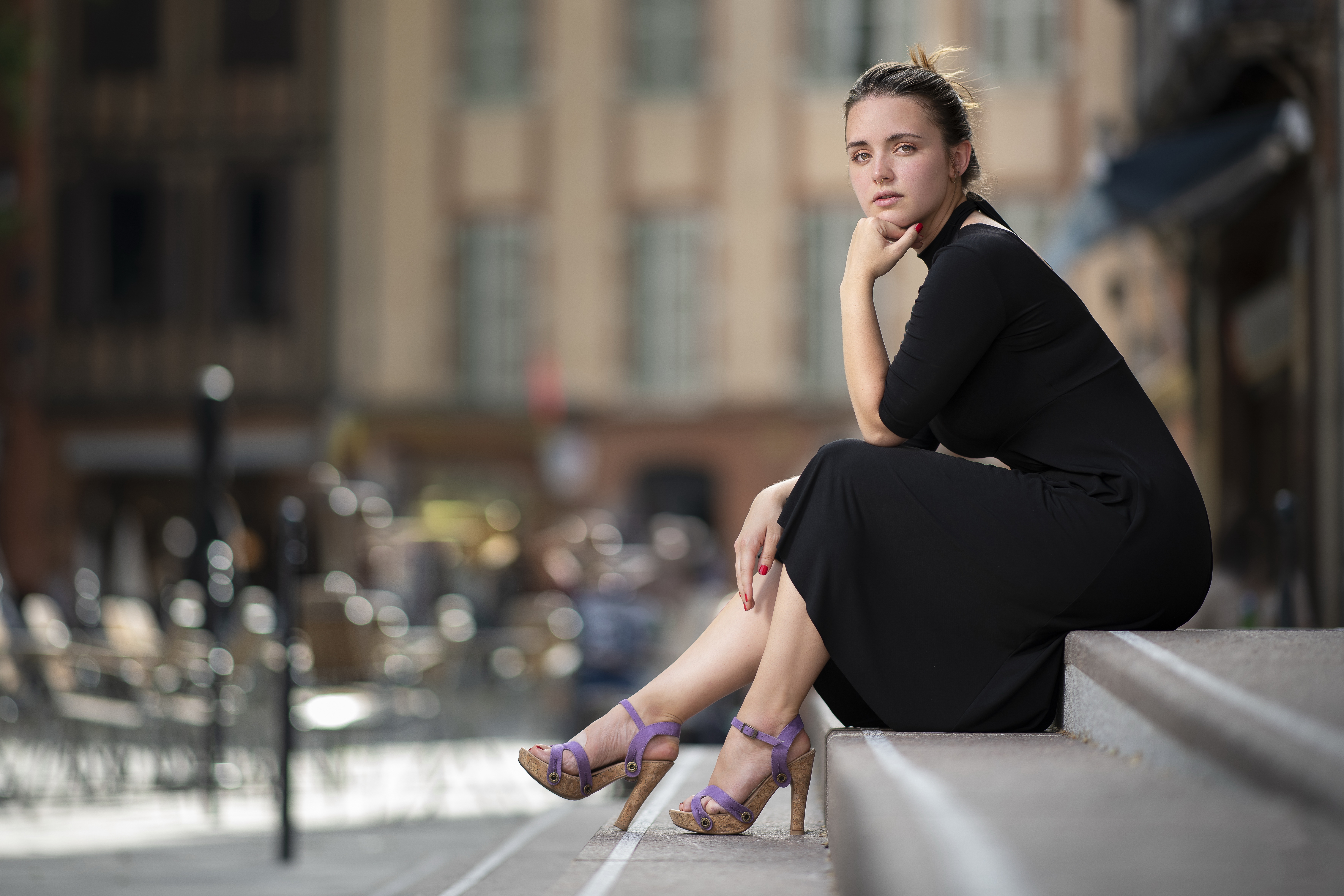 Download mobile wallpaper Model, Women, Black Dress, High Heels, Depth Of Field for free.