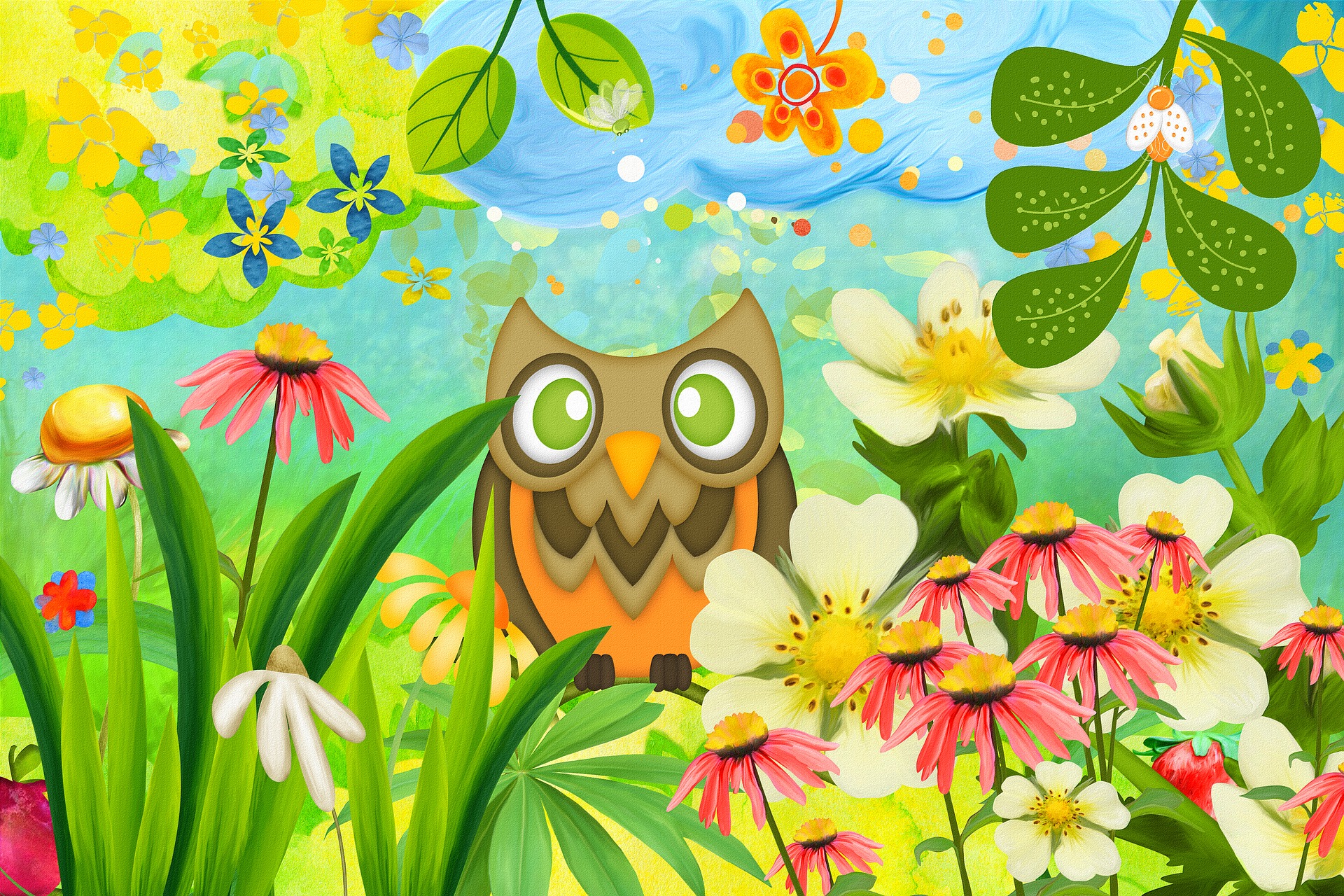 Download mobile wallpaper Owl, Flower, Bird, Animal, Painting, Spring, Artistic for free.