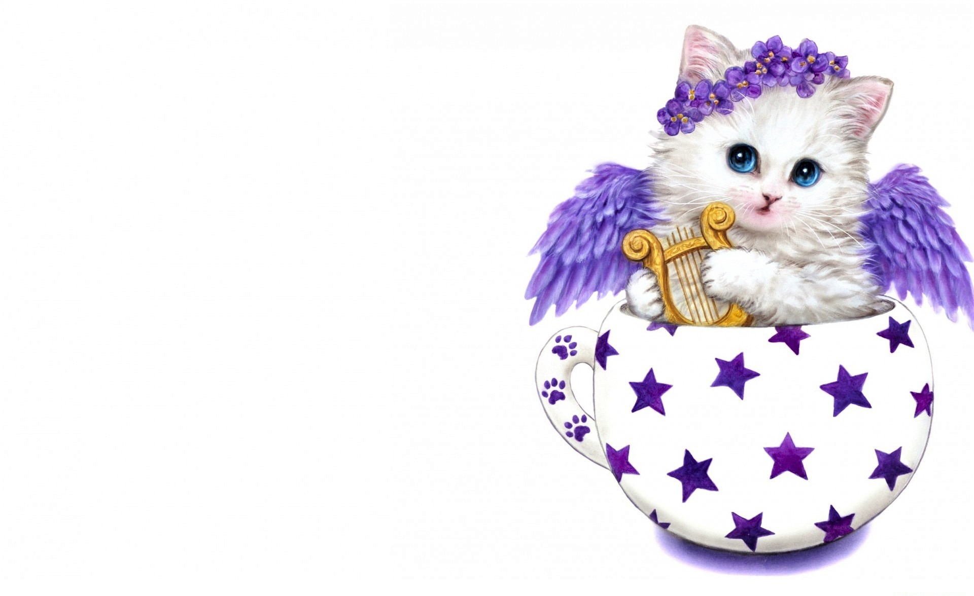 無料モバイル壁紙動物, 天使, カップ, 子猫, 紫の, 翼, 花輪, 芸術的, リラをダウンロードします。