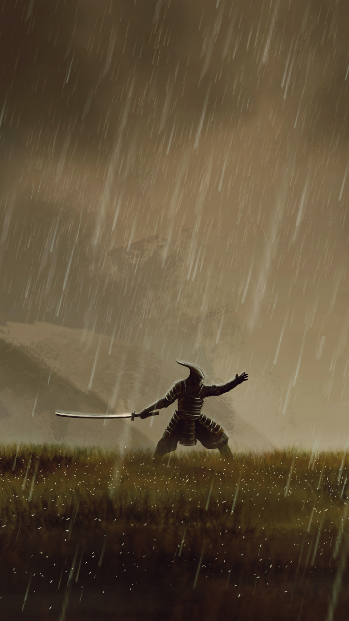 Download mobile wallpaper Fantasy, Rain, Warrior, Fight, Samurai for free.