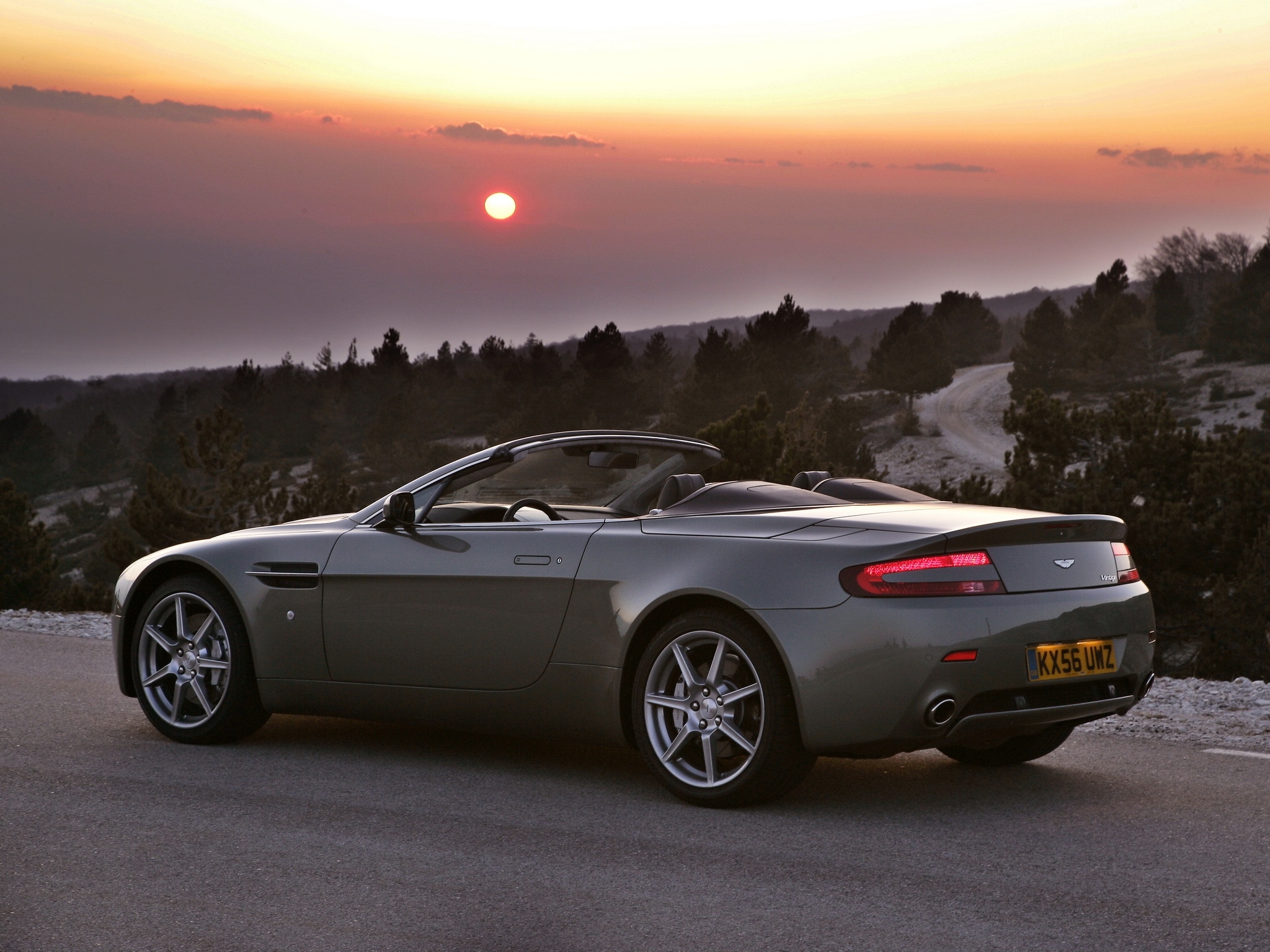 Free download wallpaper Auto, Trees, Side View, V8, 2006, Sunset, Cars, Aston Martin, Grey on your PC desktop