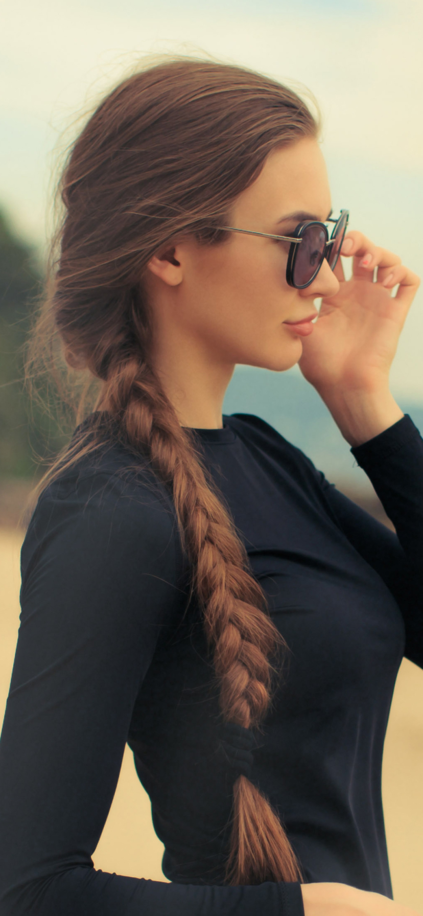 Download mobile wallpaper Mood, Brunette, Sunglasses, Model, Women, Braid, Long Hair, Depth Of Field for free.