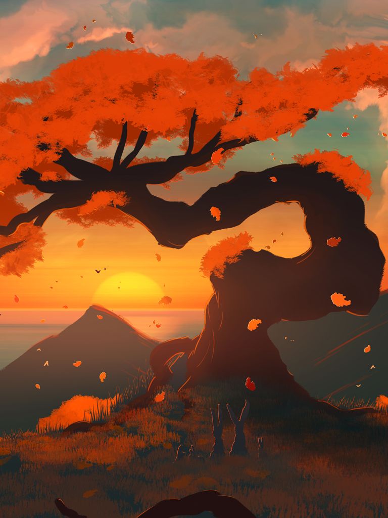 Download mobile wallpaper Sunset, Mountain, Tree, Artistic for free.