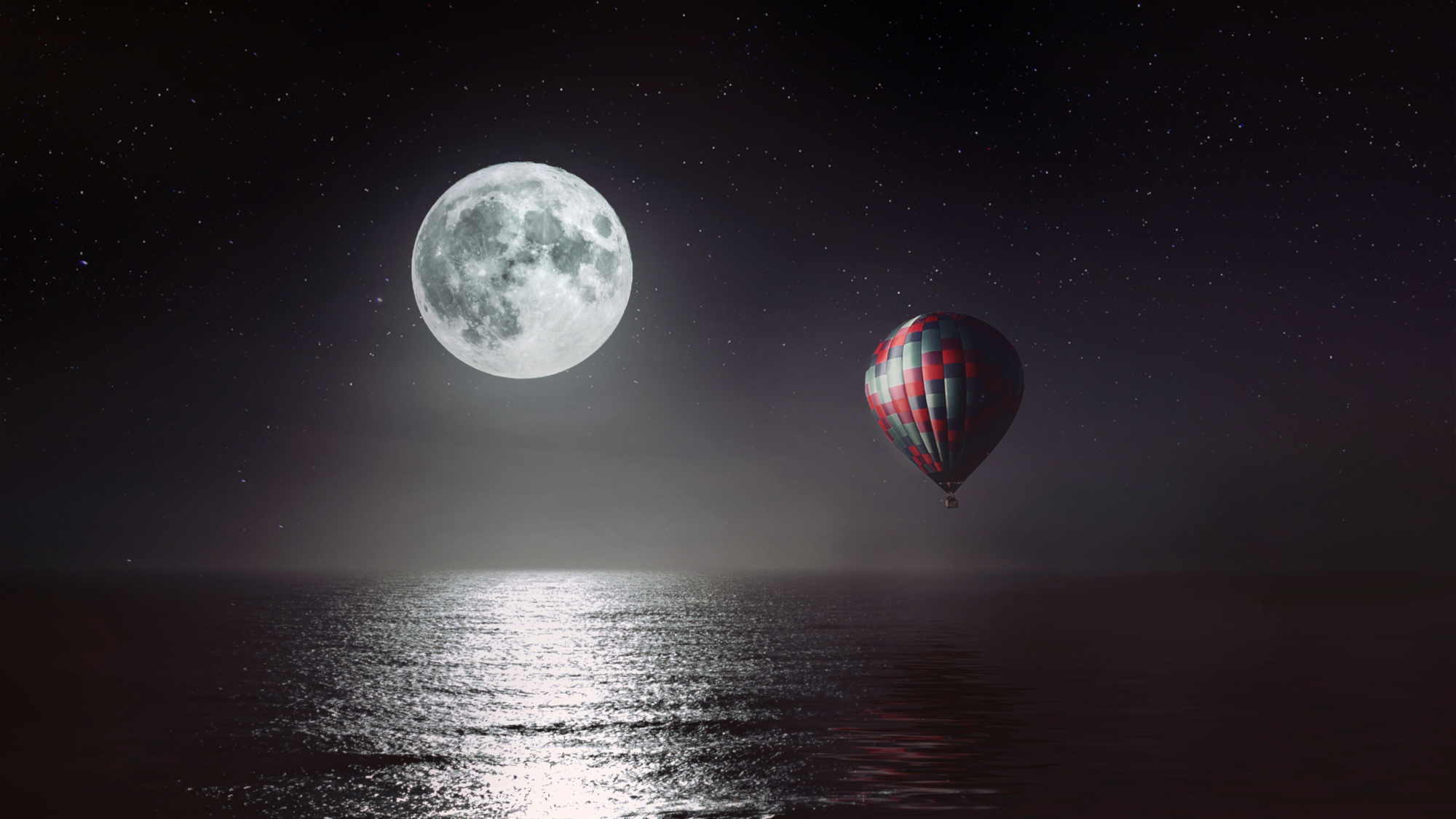 Free download wallpaper Sea, Moon, Horizon, Earth, Hot Air Balloon on your PC desktop