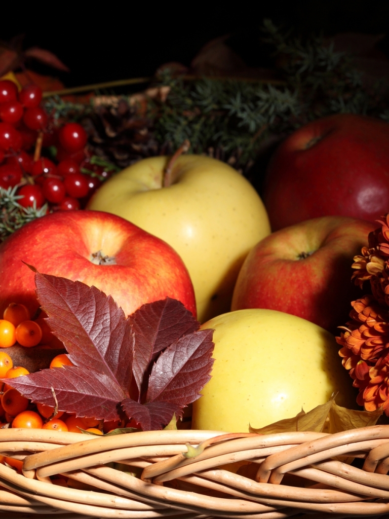 無料モバイル壁紙フルーツ, アップル, 秋, 静物, バスケット, 感謝祭, 食べ物をダウンロードします。