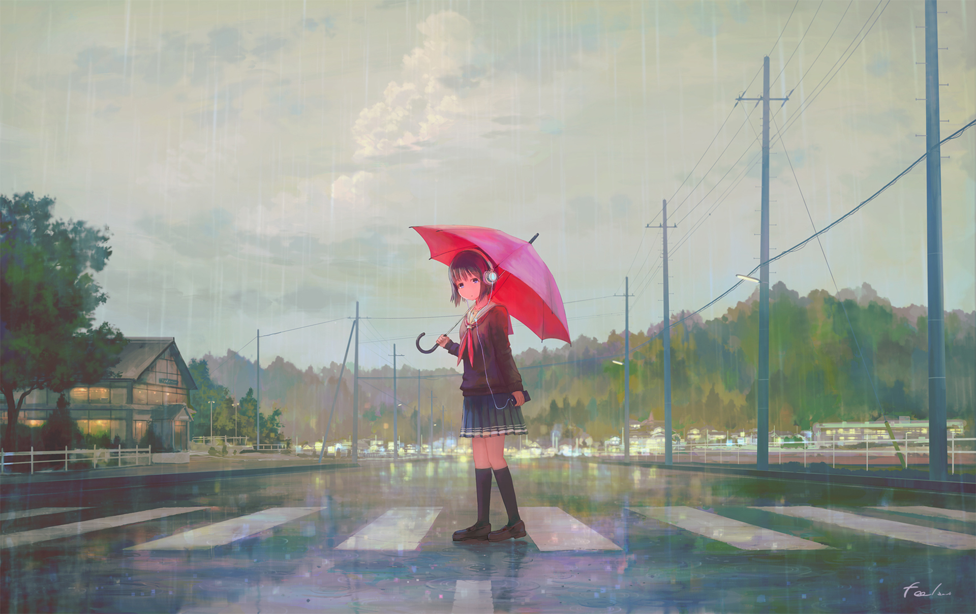 Laden Sie das Regen, Straße, Regenschirm, Original, Animes-Bild kostenlos auf Ihren PC-Desktop herunter