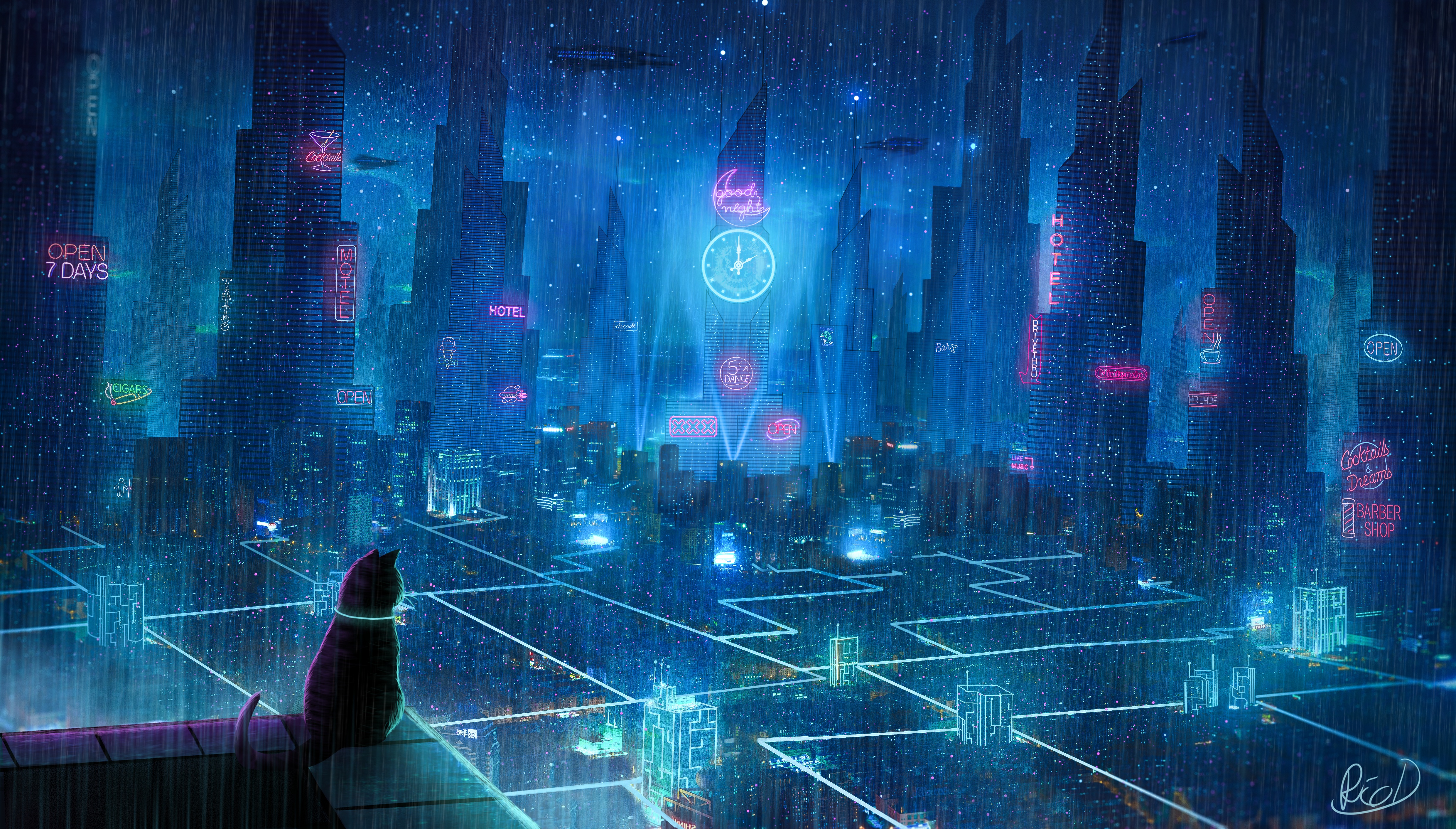 Free download wallpaper Anime, Rain, City, Building, Cat, Sci Fi on your PC desktop