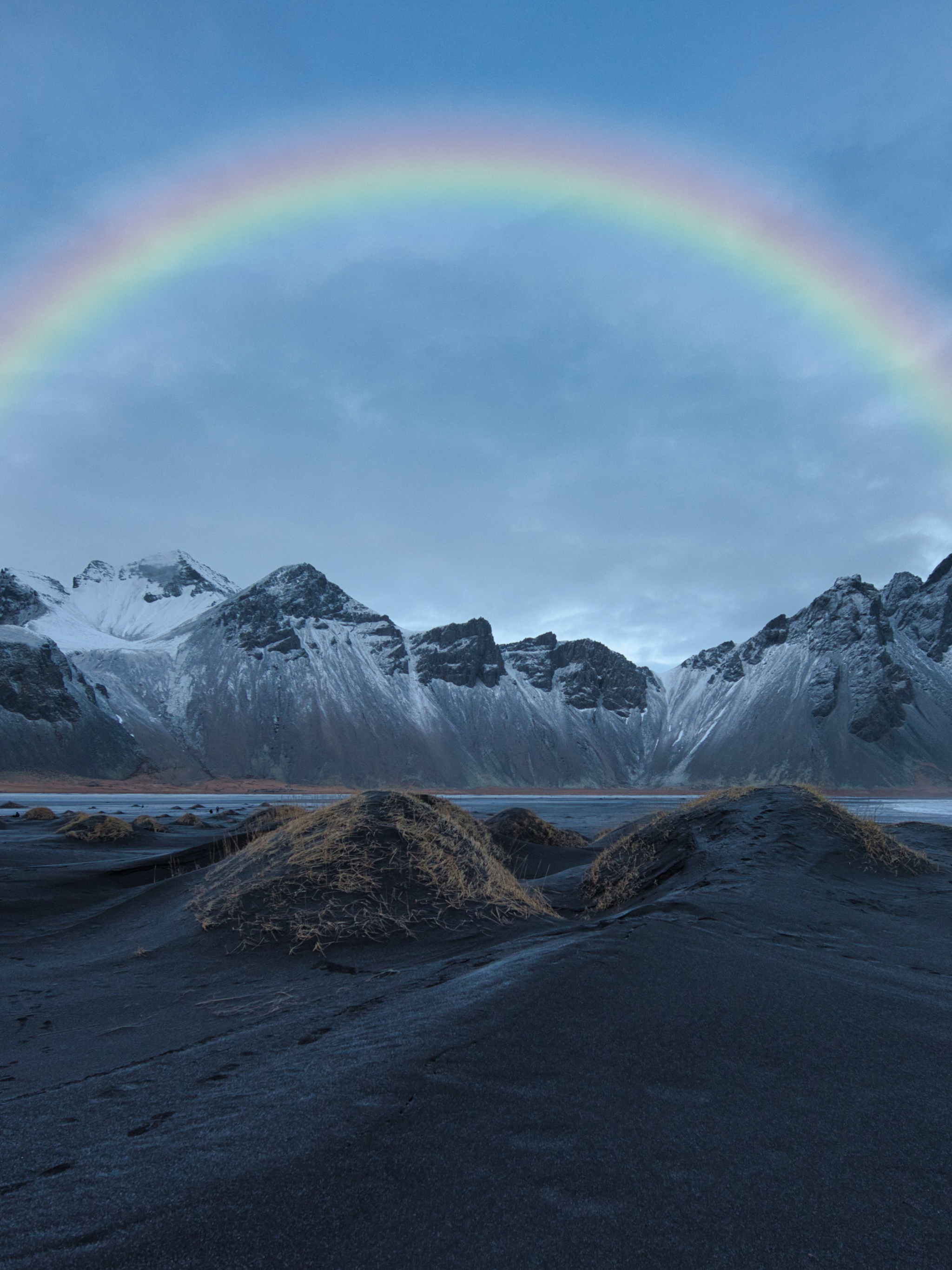 Download mobile wallpaper Mountains, Beach, Rainbow, Mountain, Earth, Iceland, Vestrahorn, Vestrahorn Mountain for free.