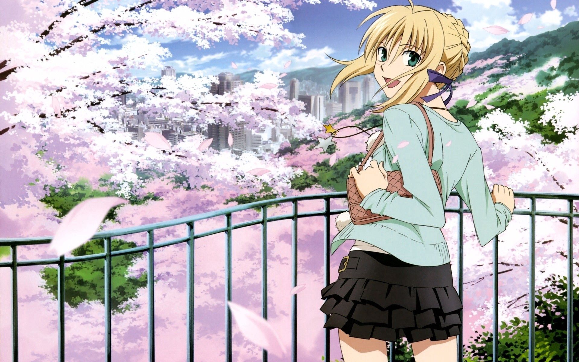 Download mobile wallpaper Skirt, Fence, Garden, Blonde, Girl, Anime for free.