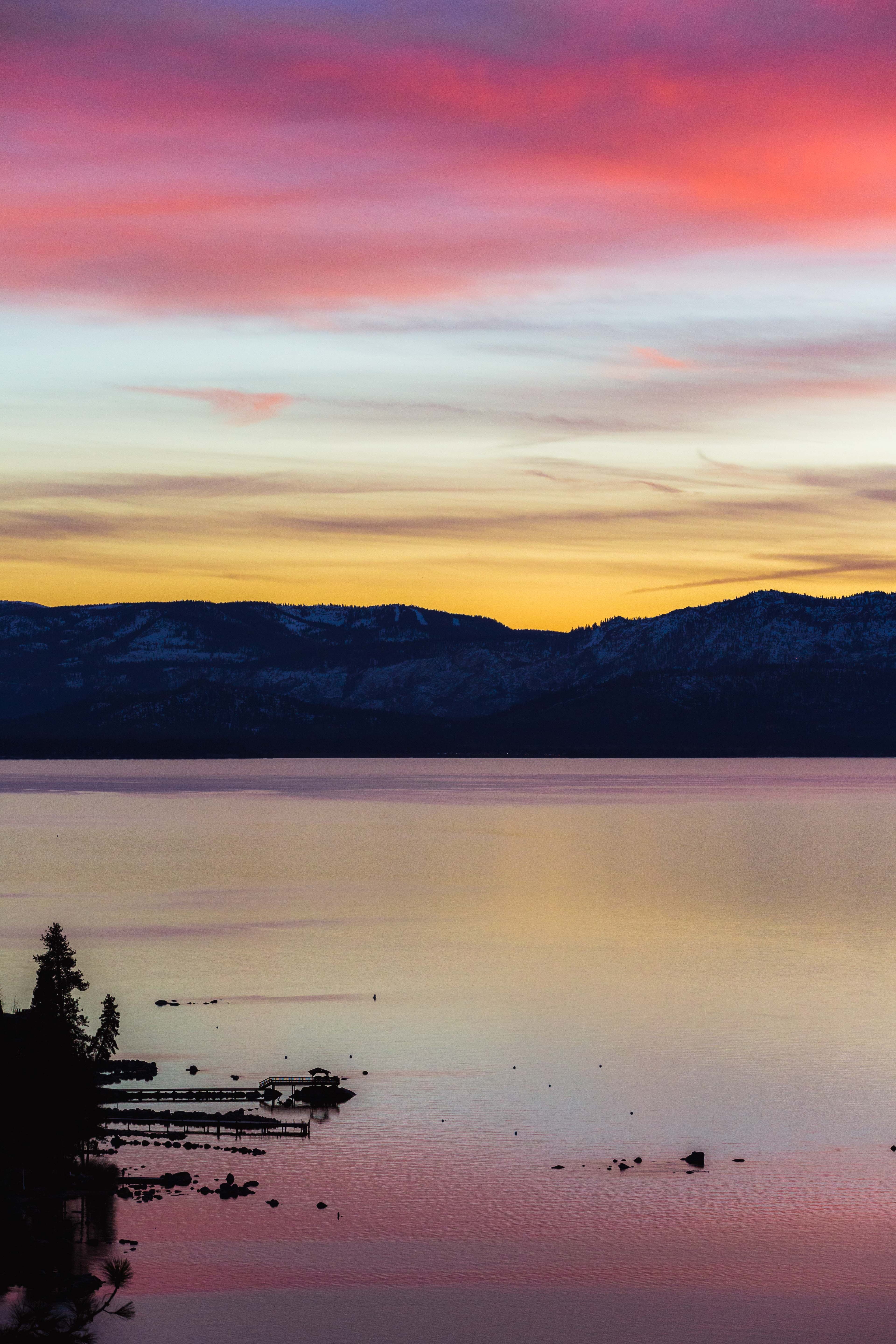 Download mobile wallpaper Mountain Range, Lake, Mountains, Sunset, Nature for free.