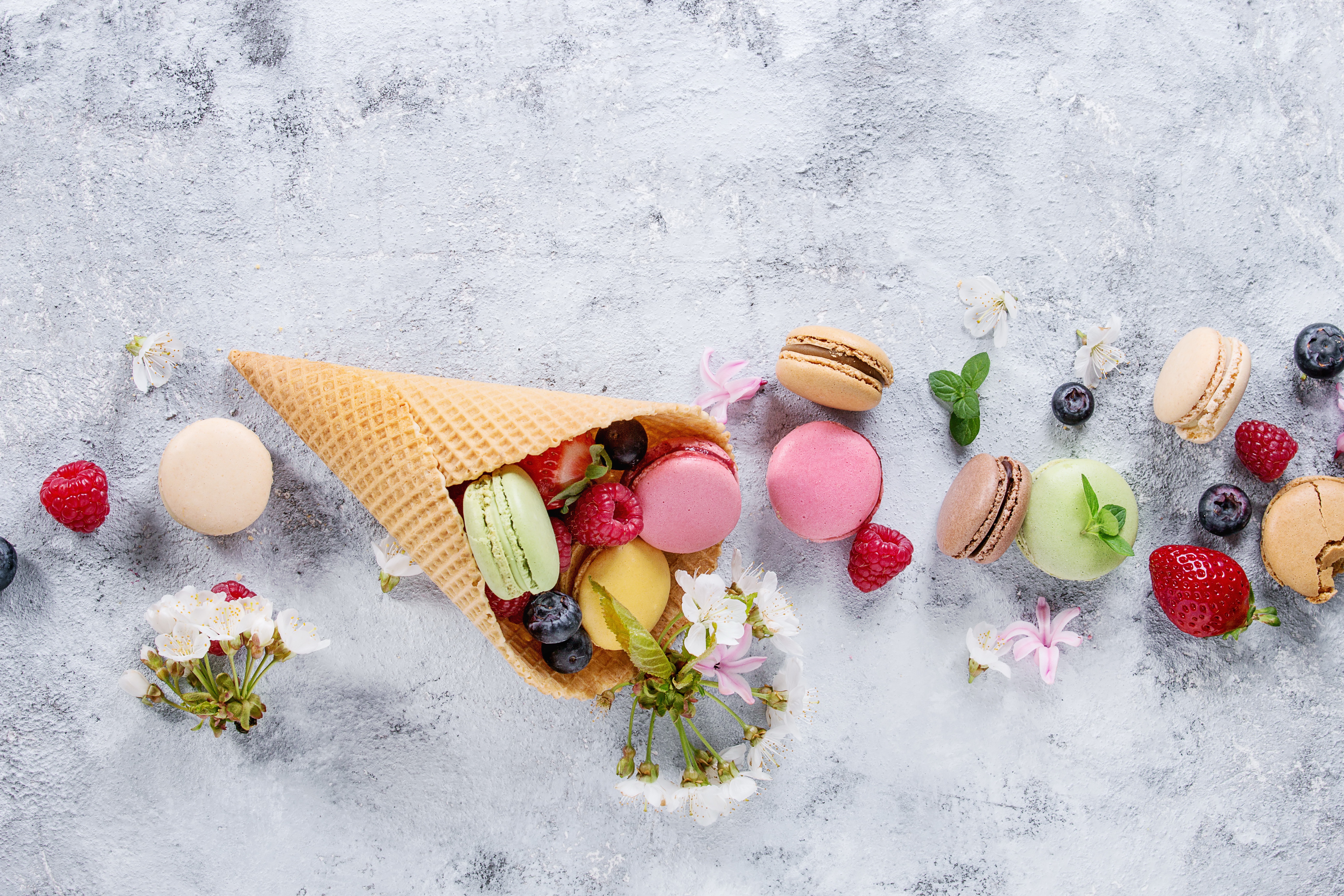 Free download wallpaper Food, Still Life, Berry, Sweets, Macaron, Waffle Cone on your PC desktop