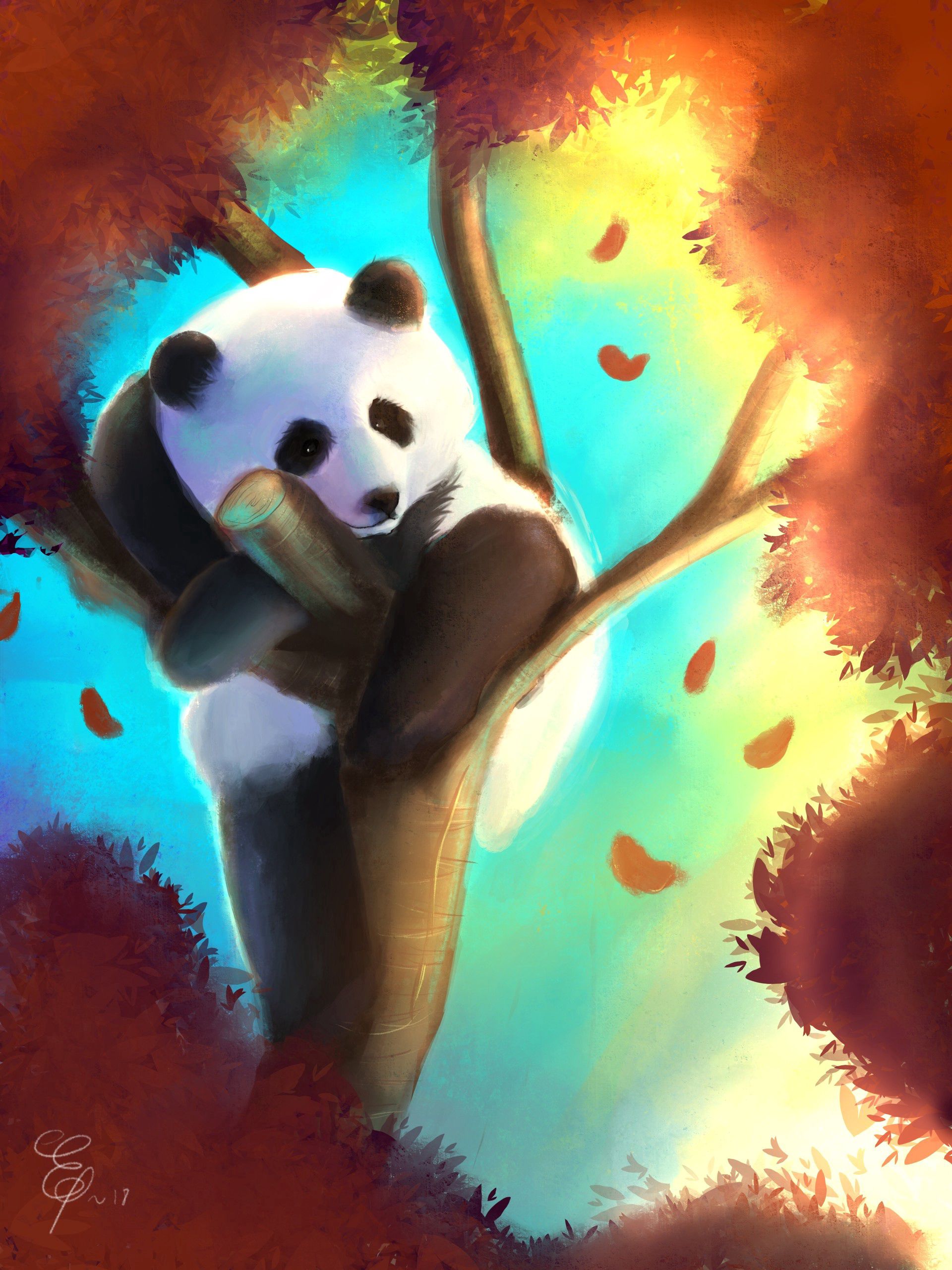 Download mobile wallpaper Nice, Sweetheart, Tree, Colourful, Wood, Panda, Colorful, Art for free.