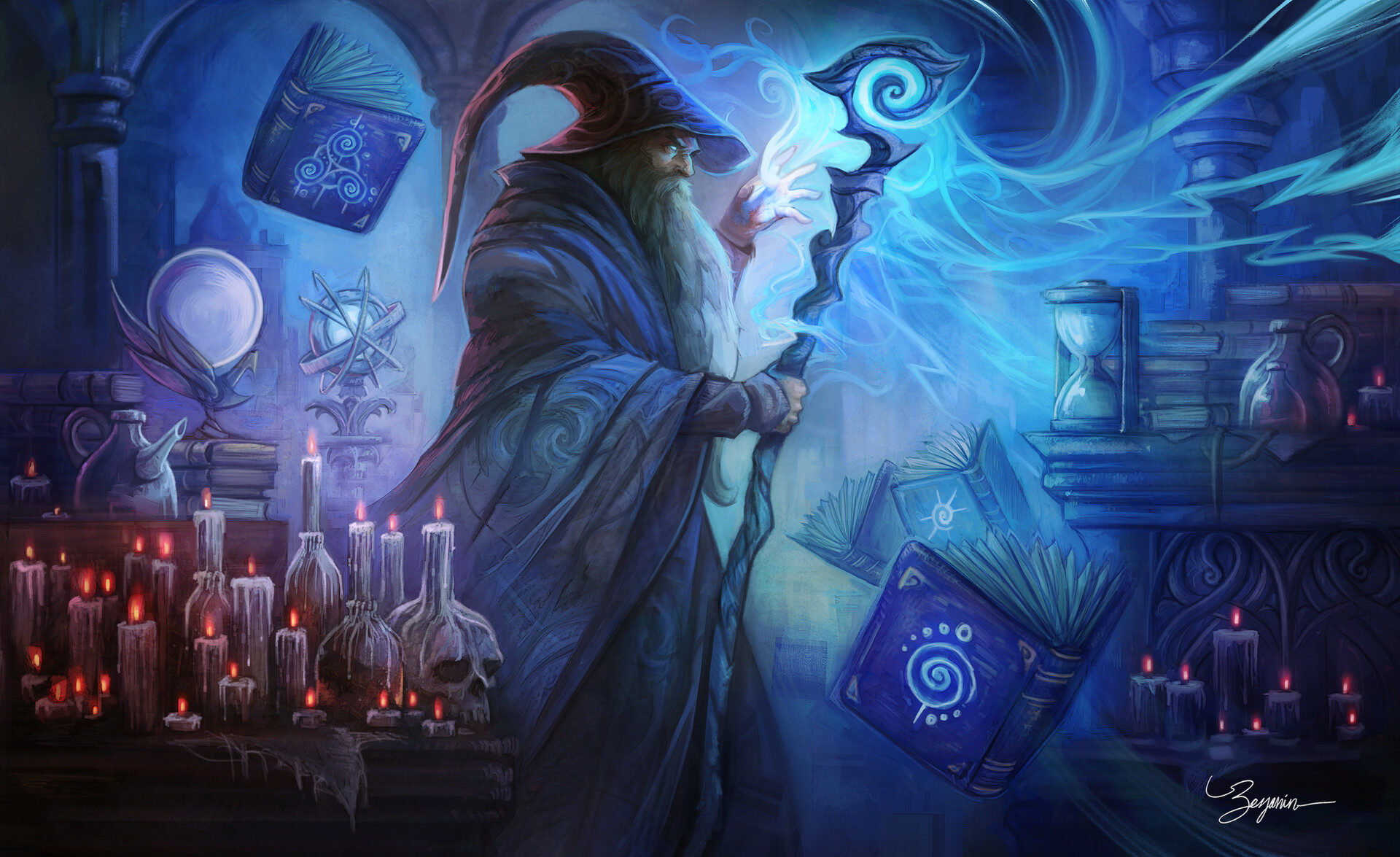 Download mobile wallpaper Magic, Fantasy, Book, Candle, Skull, Wizard for free.