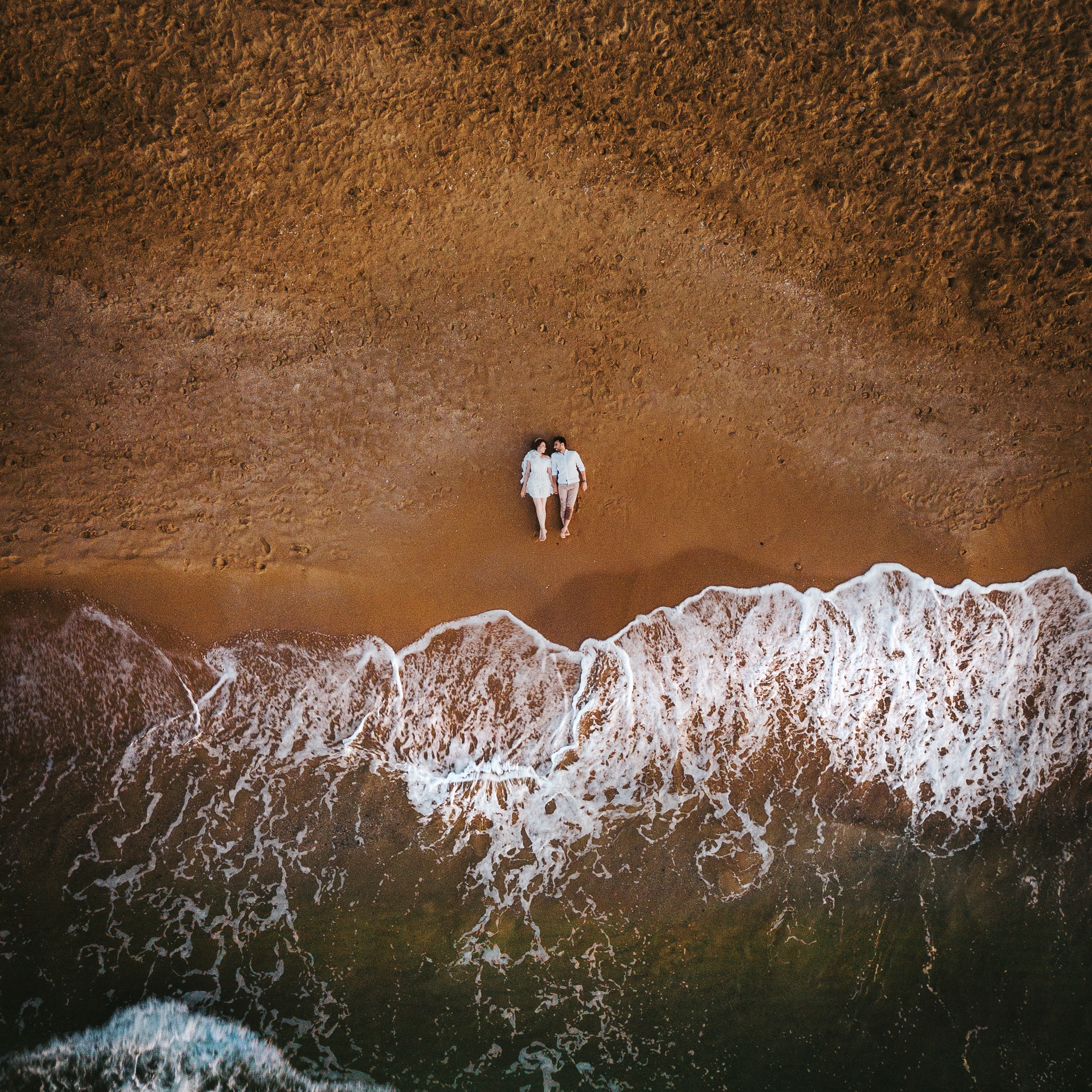 pair, love, couple, sea, beach, view from above, wave Full HD