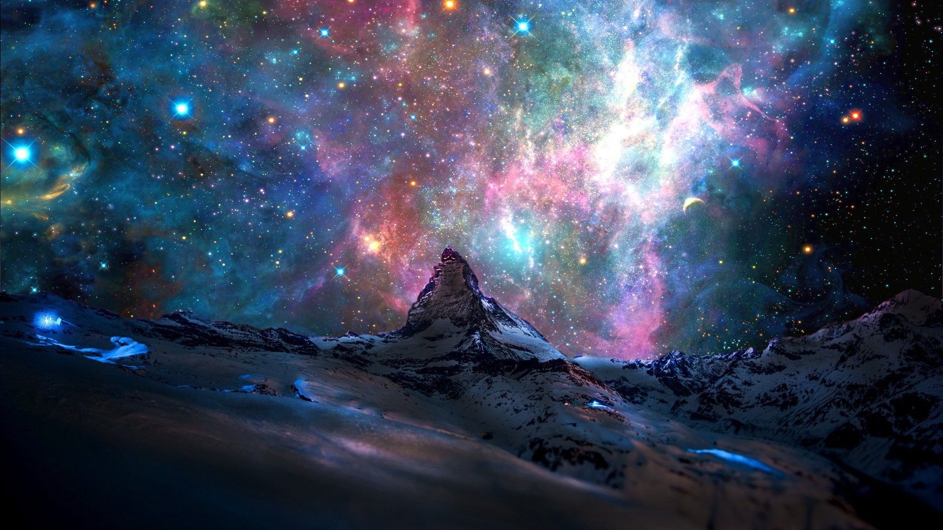 starry sky, space, nebula, sci fi, mountain