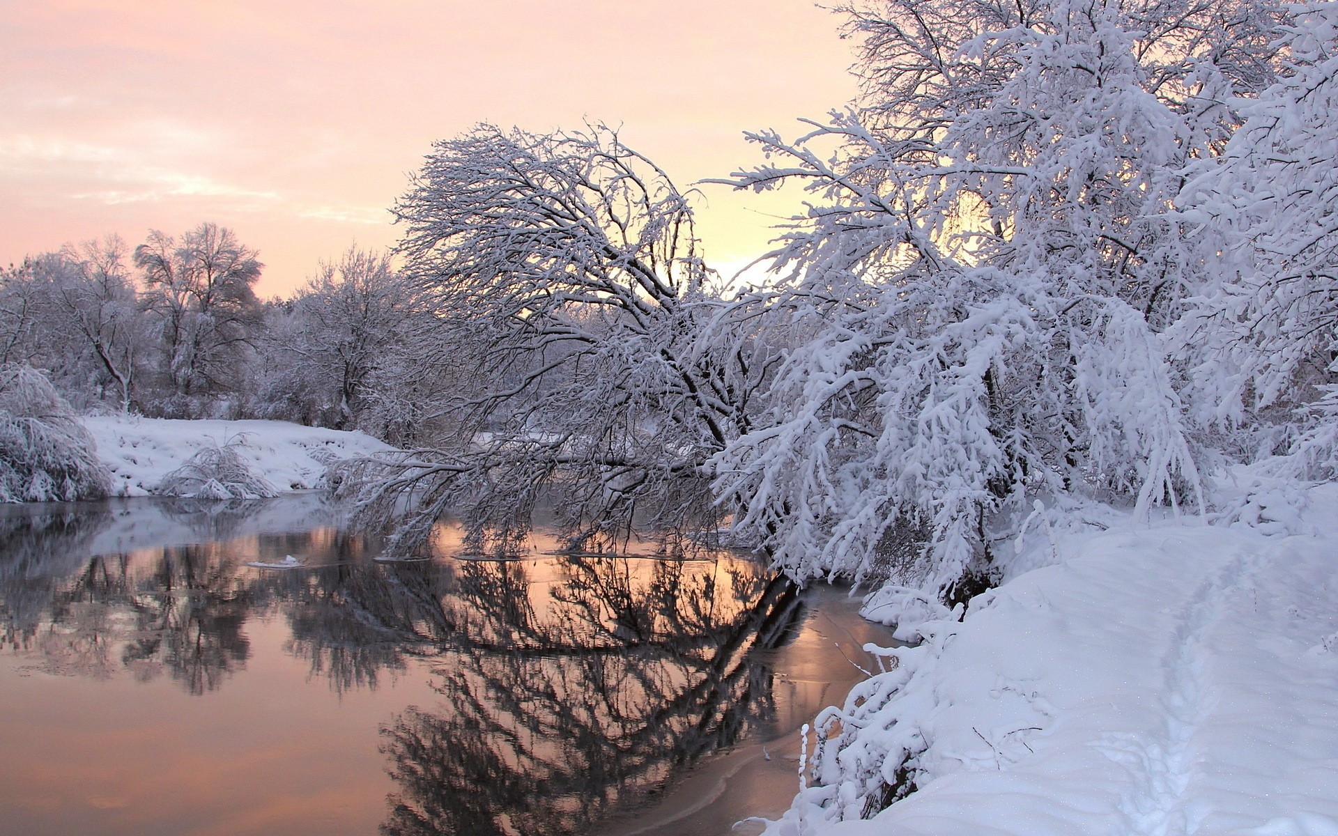 Download mobile wallpaper Winter, Sunset, Snow, Reflection, Tree, Earth, River for free.