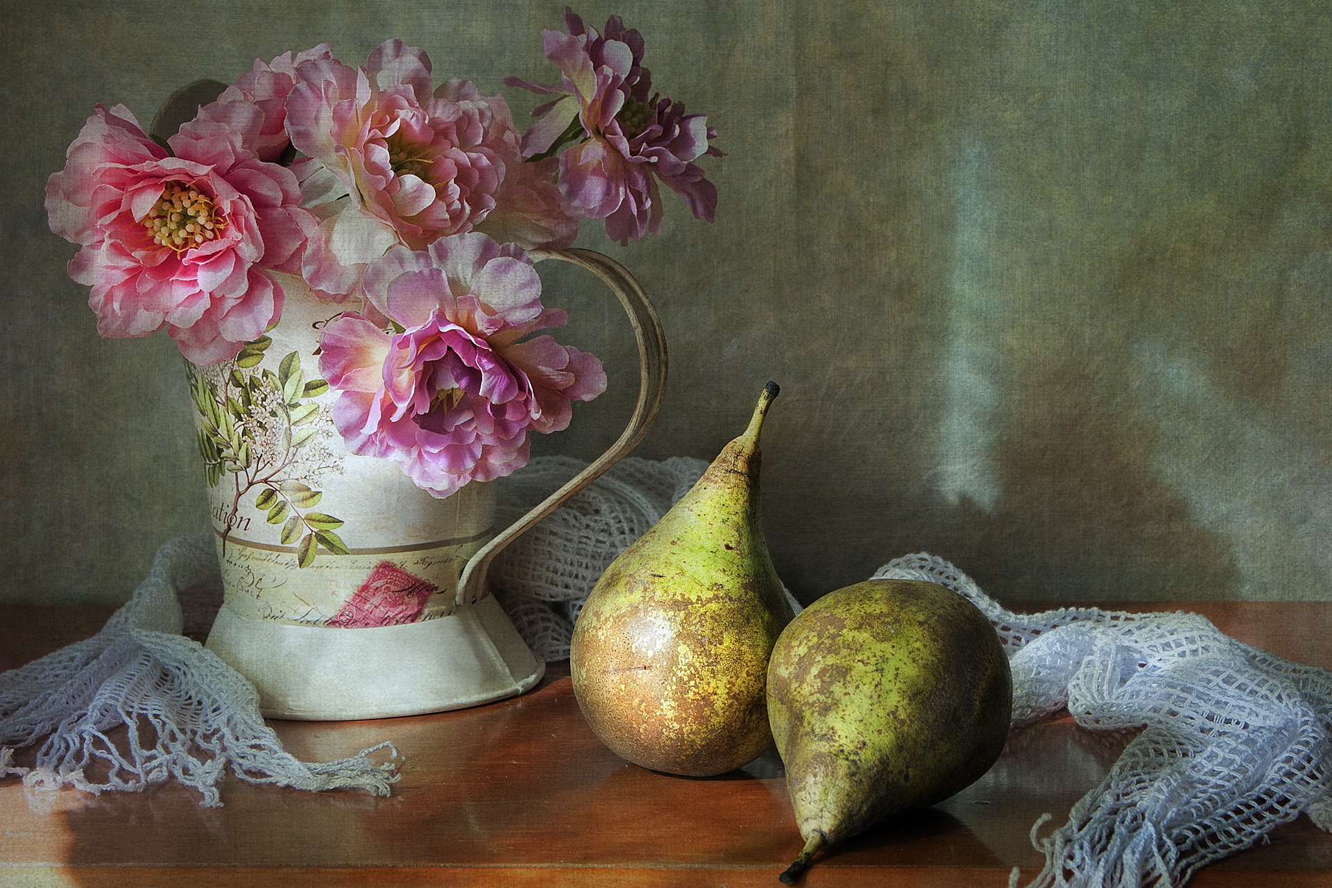 Download mobile wallpaper Still Life, Flower, Photography, Pear, Scarf, Pitcher for free.