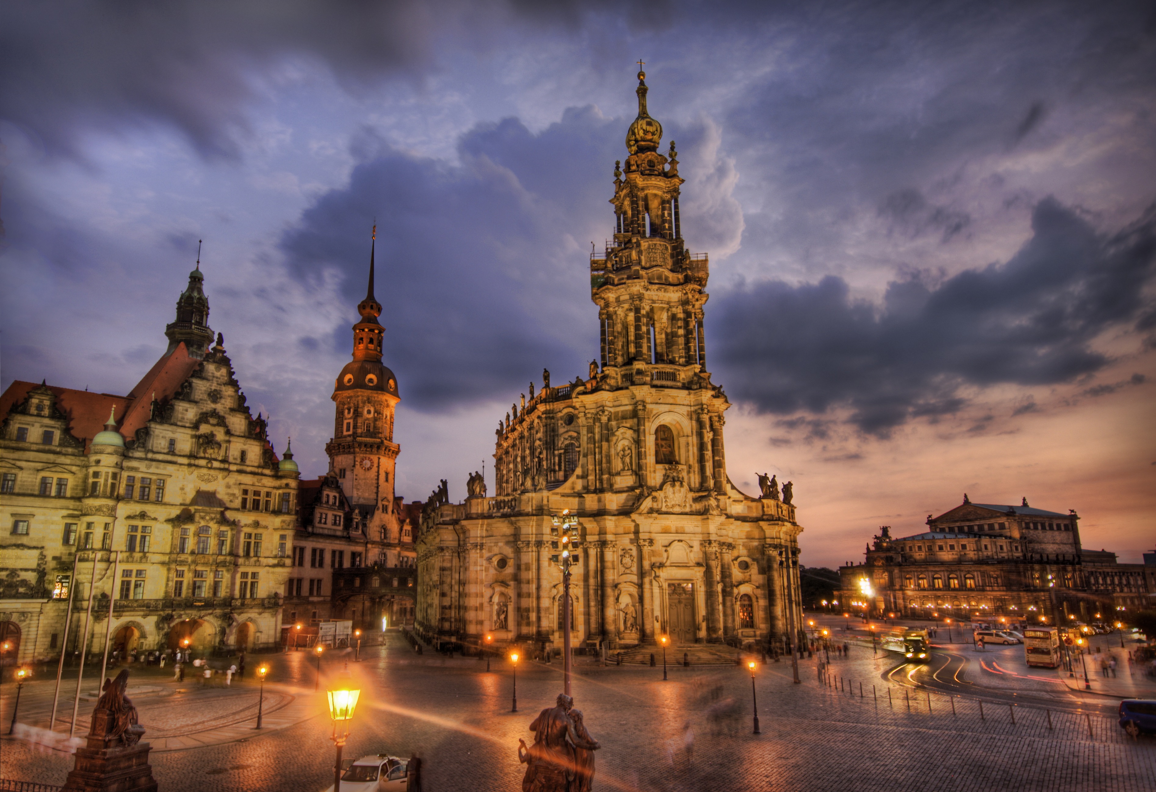 religious, cathedral, architecture, building, dresden, dusk, germany, light, night, square, cathedrals