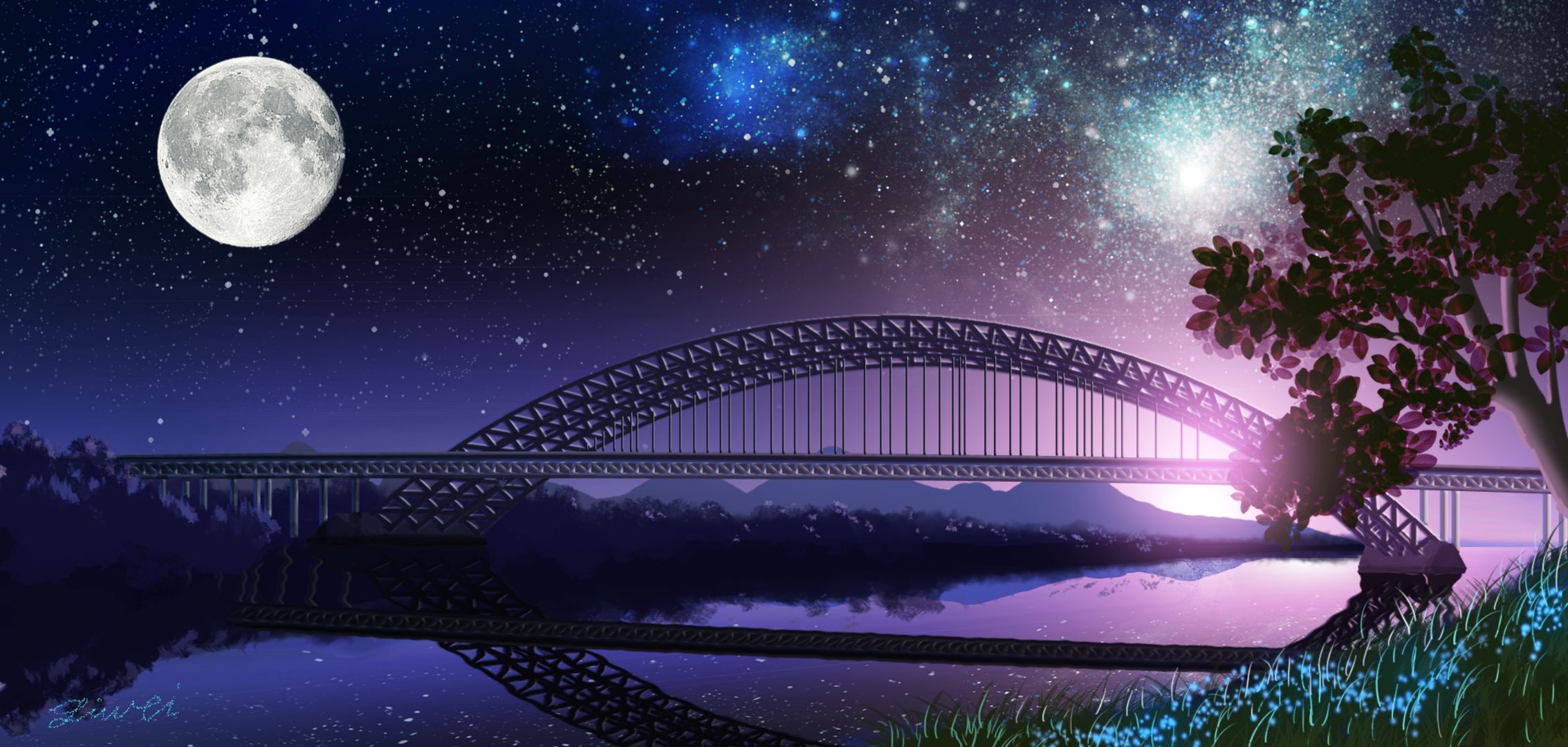 968399 baixar papel de parede anime, the bridge, lago, lua, noite, reflecção, céu estrelado - protetores de tela e imagens gratuitamente
