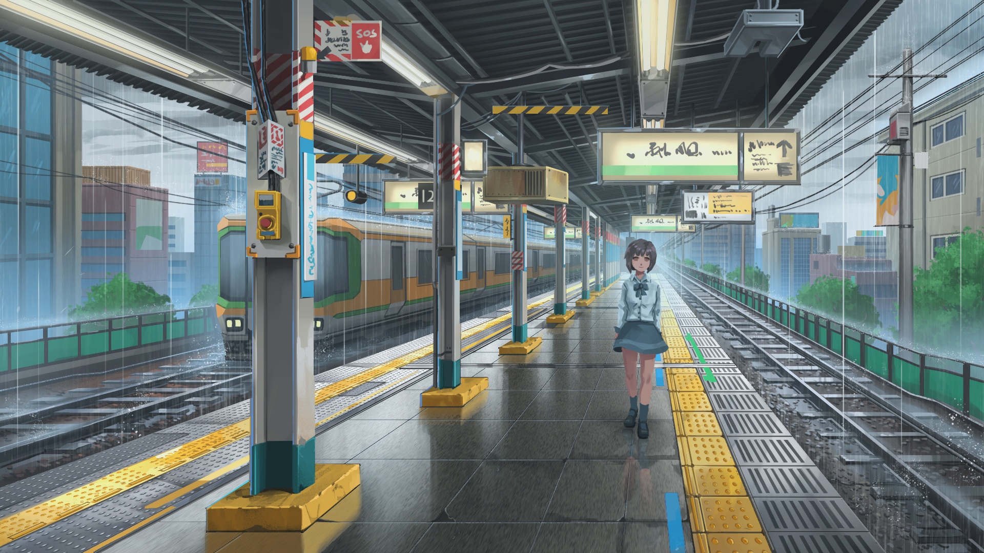 983468 скачать картинку аниме, железнодорожный вокзал, короткие волосы, поезд - обои и заставки бесплатно
