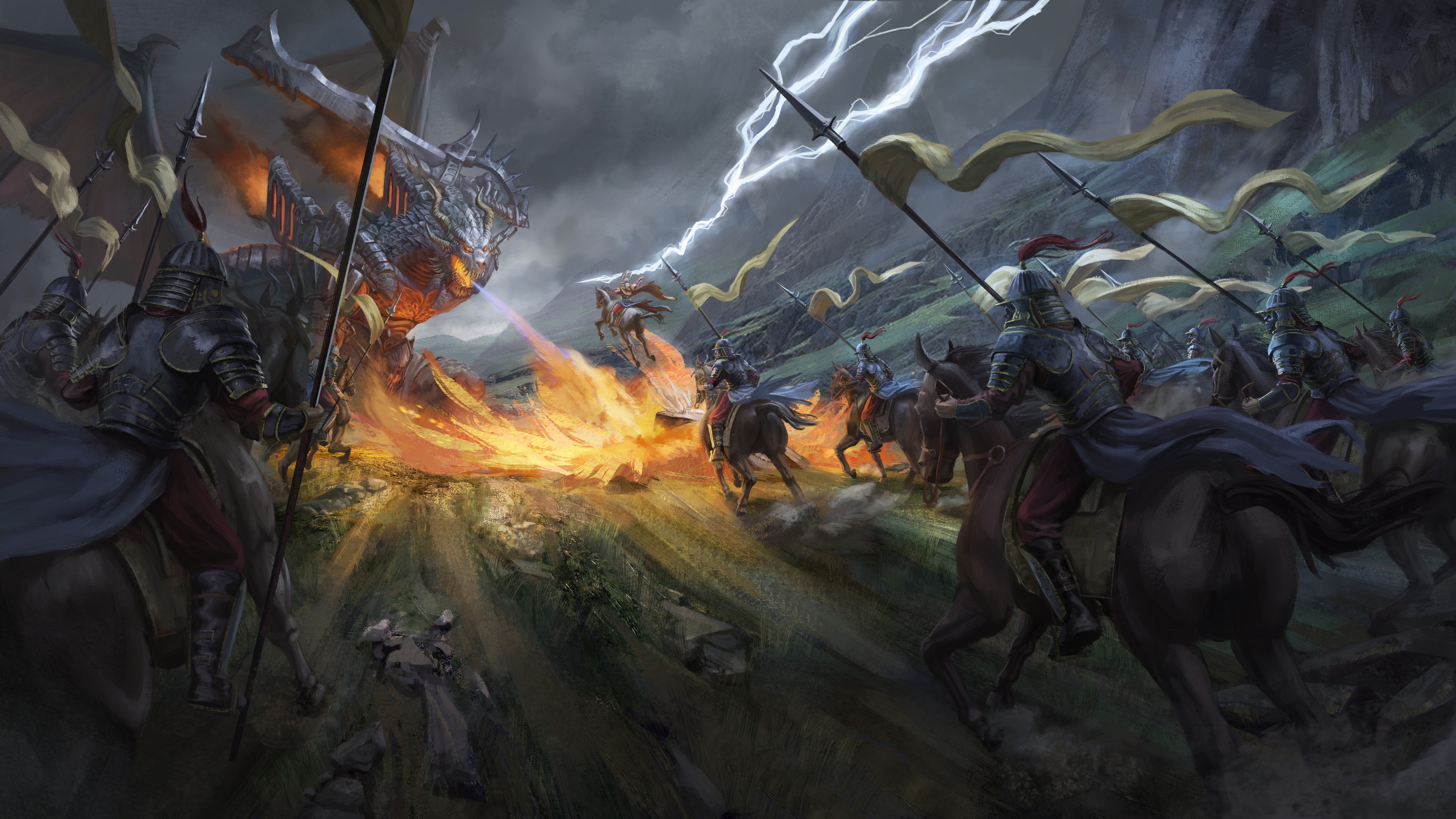 Free download wallpaper Fantasy, Fire, Dragon, Warrior, Battle on your PC desktop