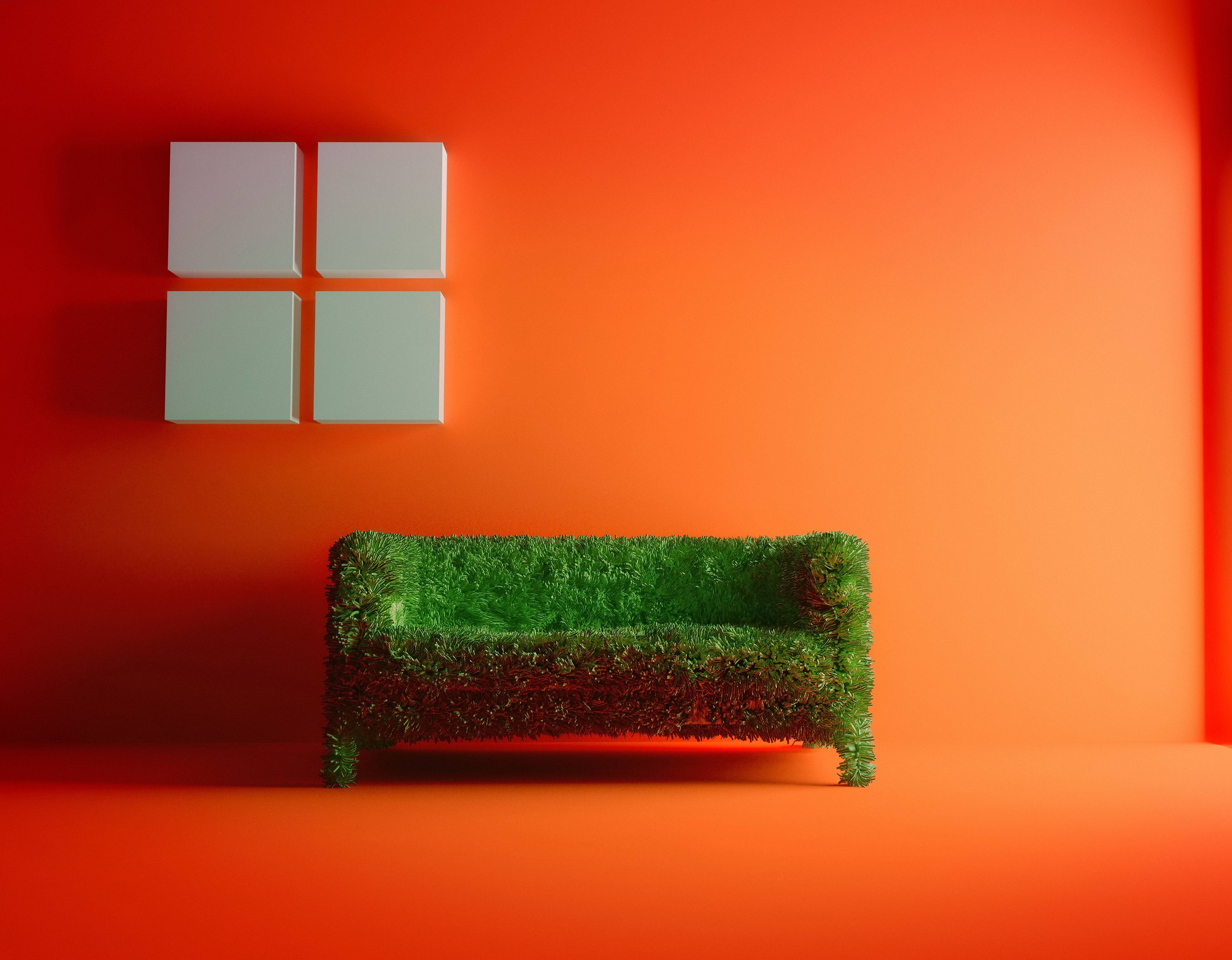 orange background, sofa, room, grass, miscellanea, miscellaneous