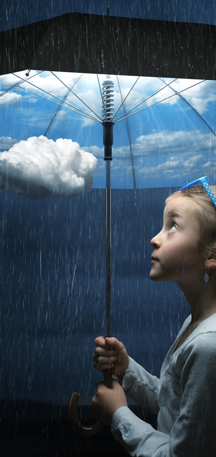Download mobile wallpaper Fantasy, Rain, Umbrella, Cloud, Child, Manipulation, Little Girl for free.