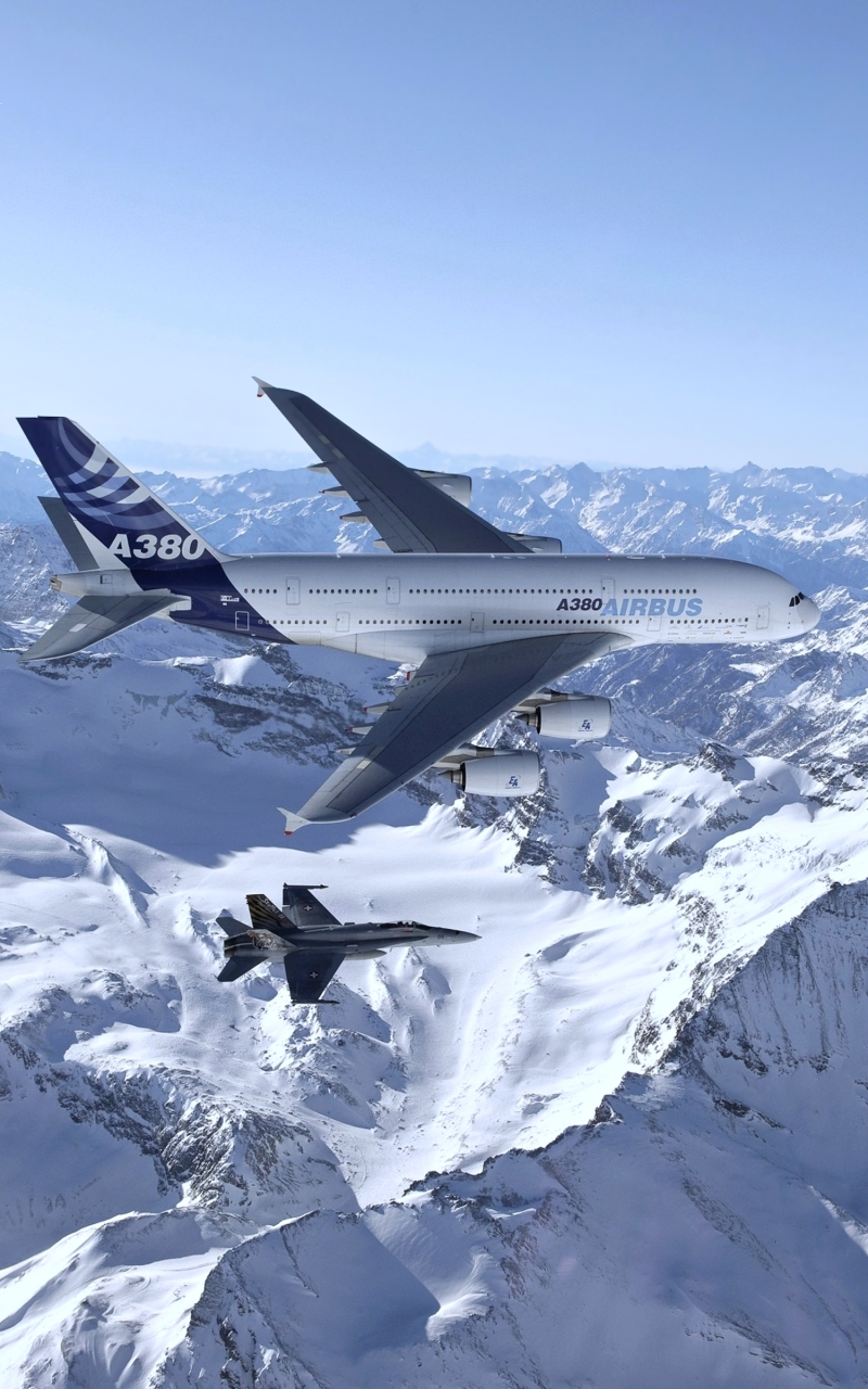 Download mobile wallpaper Snow, Mountain, Airplane, Aircraft, Airbus, Vehicles, Airbus A380, Warplane for free.
