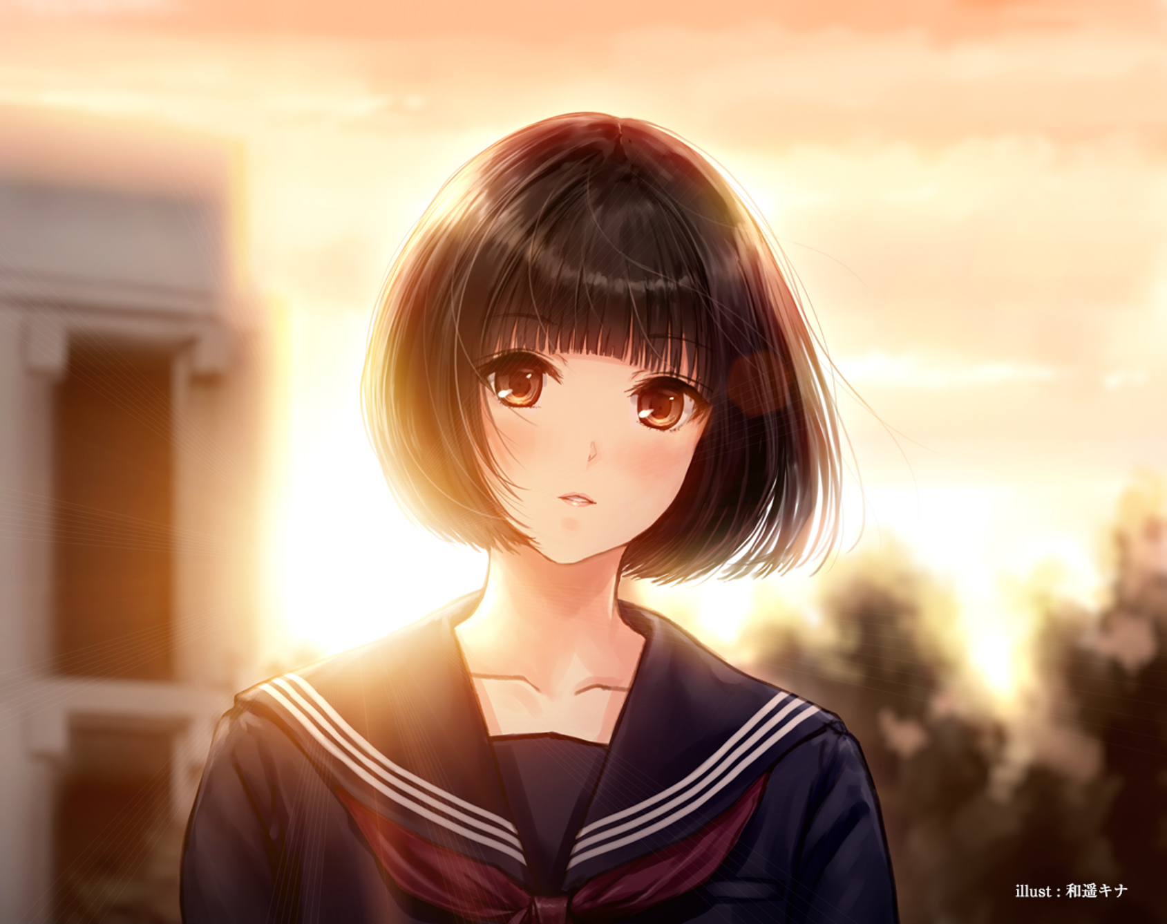Download mobile wallpaper Anime, Sunset, Girl, Sunlight, School Uniform, Brown Eyes, Short Hair for free.