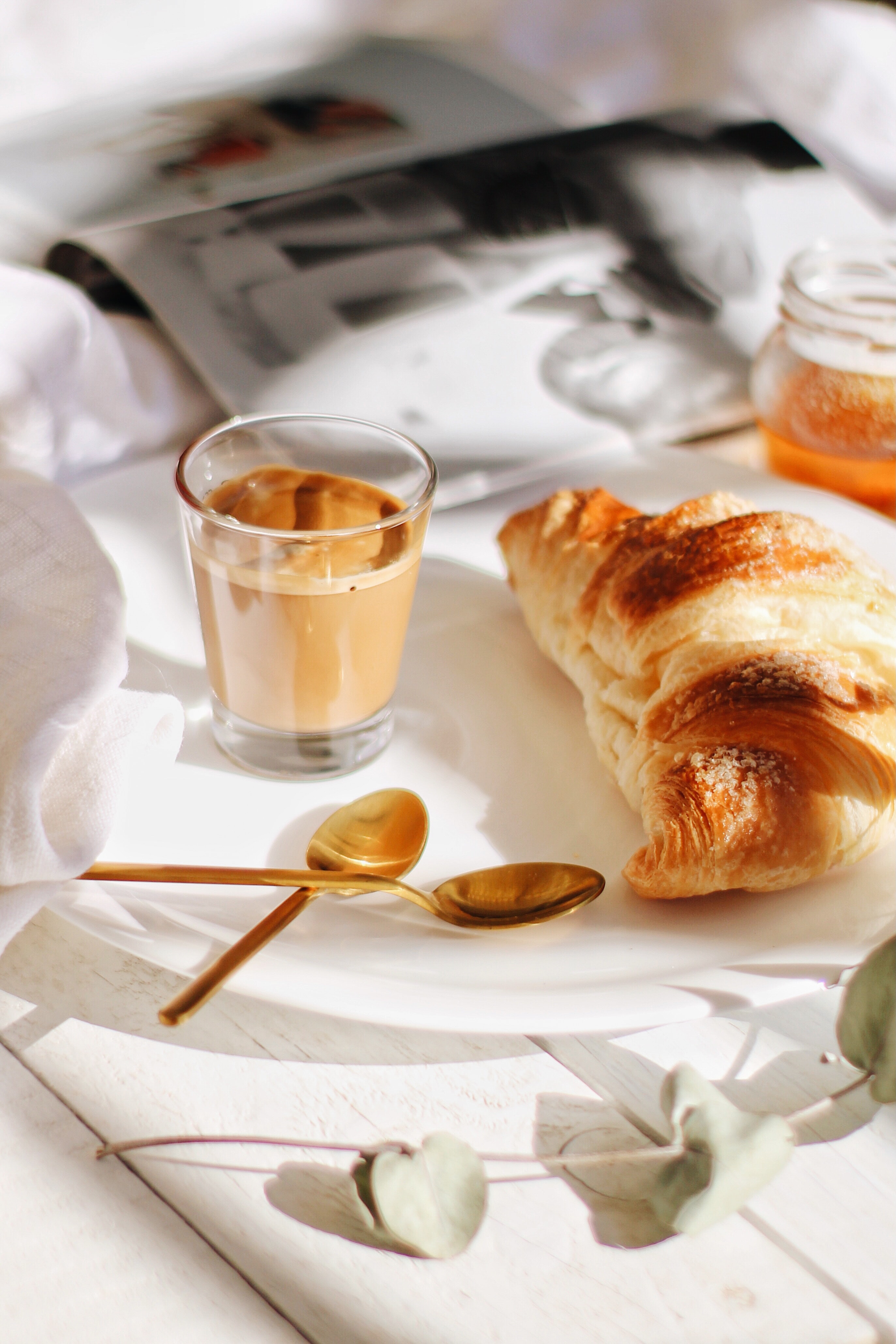 Download mobile wallpaper Croissant, Food, Breakfast, Glass, Coffee for free.