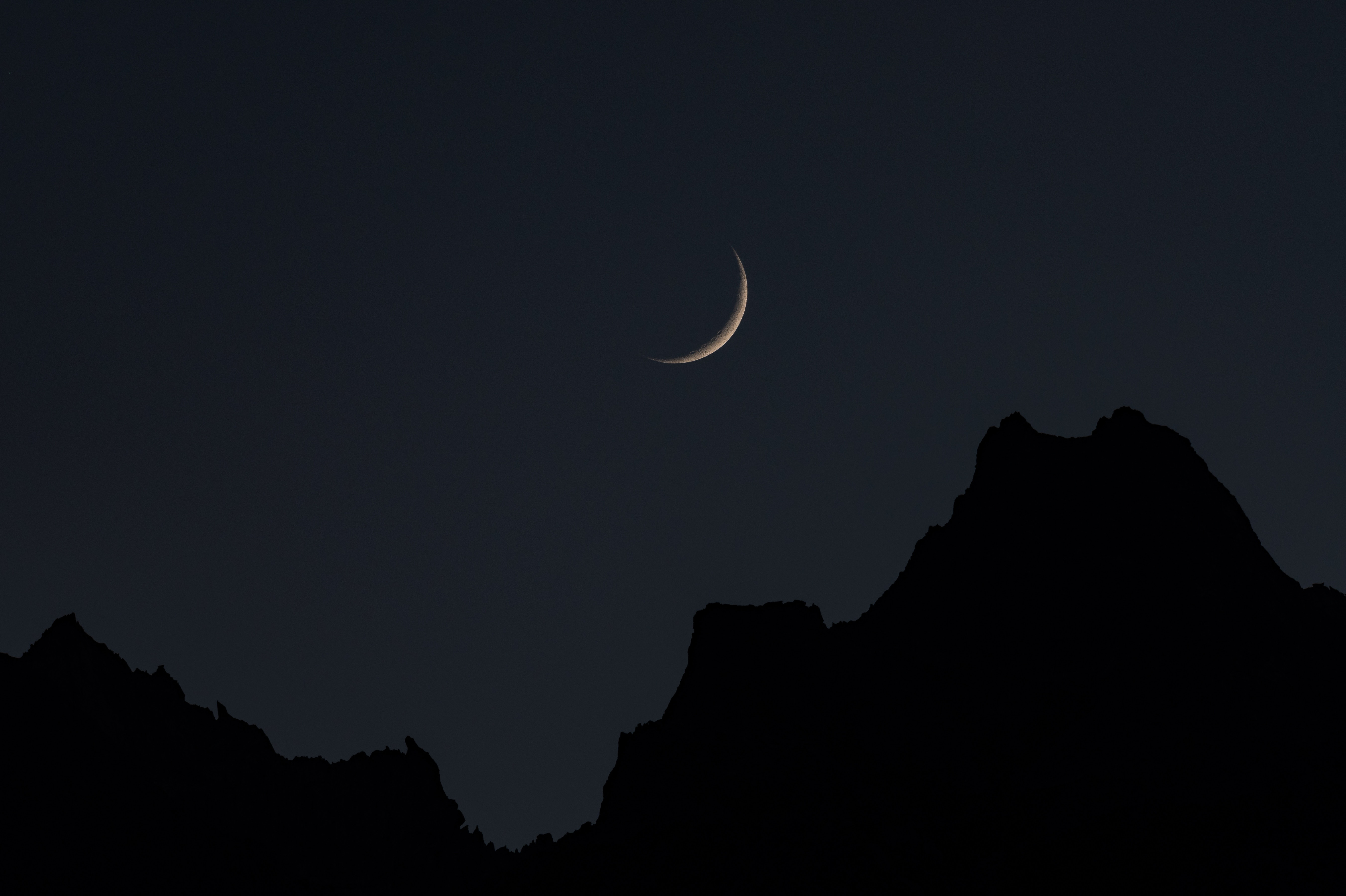 moon, full moon, crescent, dark, night, sky, mountains 5K