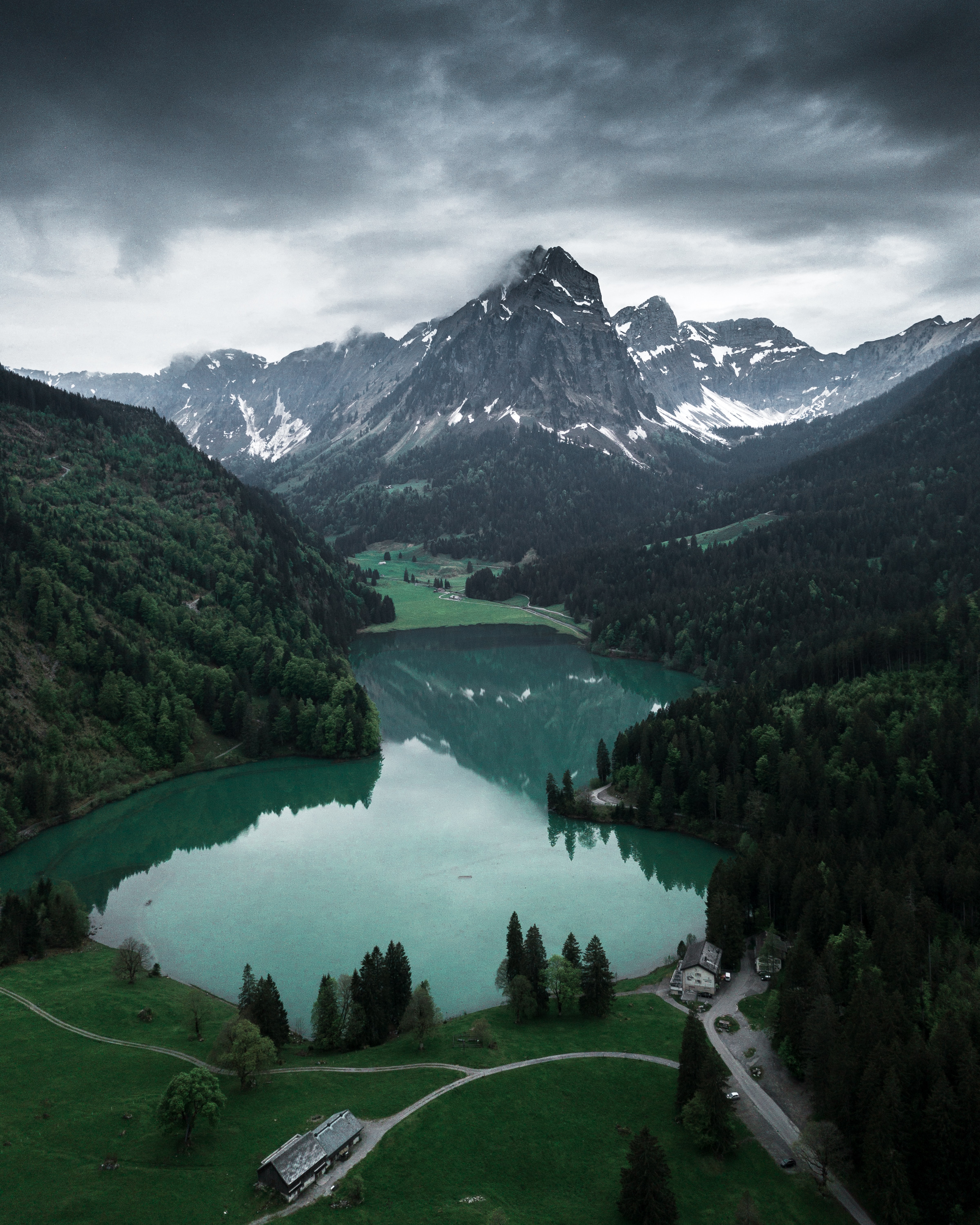 Download mobile wallpaper View From Above, Lake, Valley, Mountains, Landscape, Nature for free.