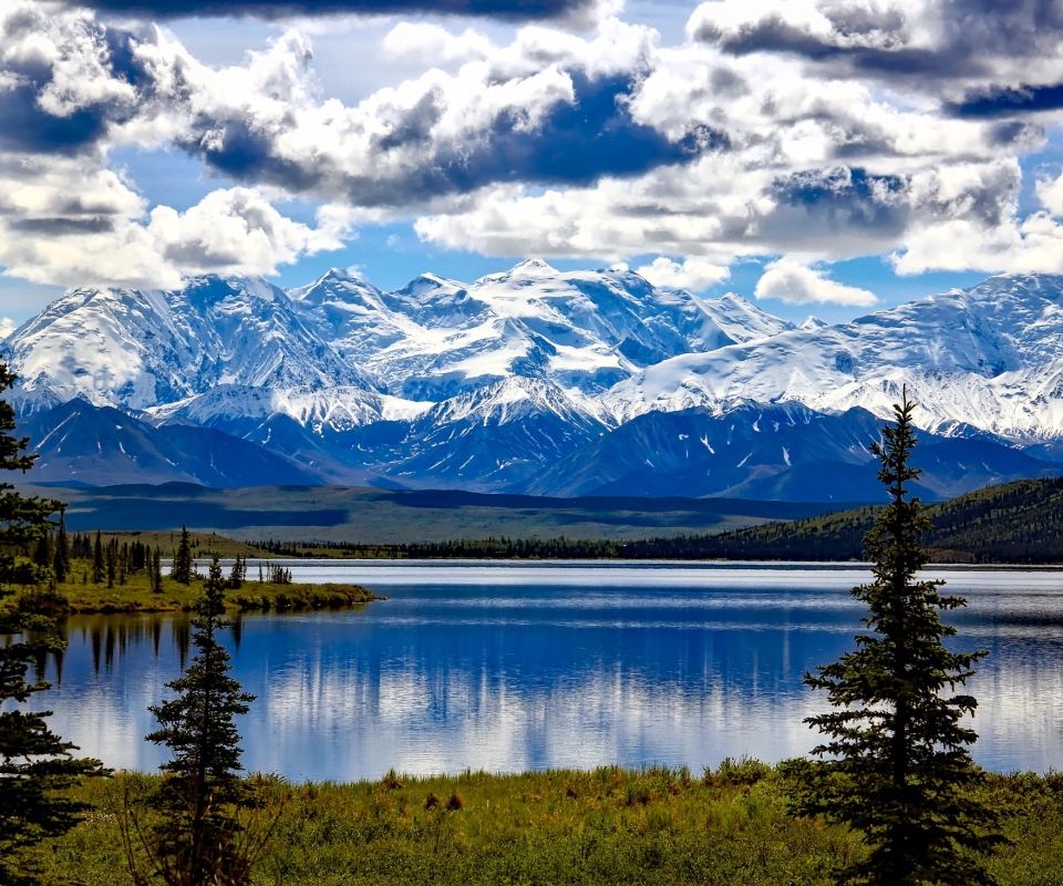 Скачать картинку Природа, Облака, Озера, Гора, Озеро, Дерево, Сша, Облако, Аляска, Земля/природа, Национальный Парк Денали в телефон бесплатно.