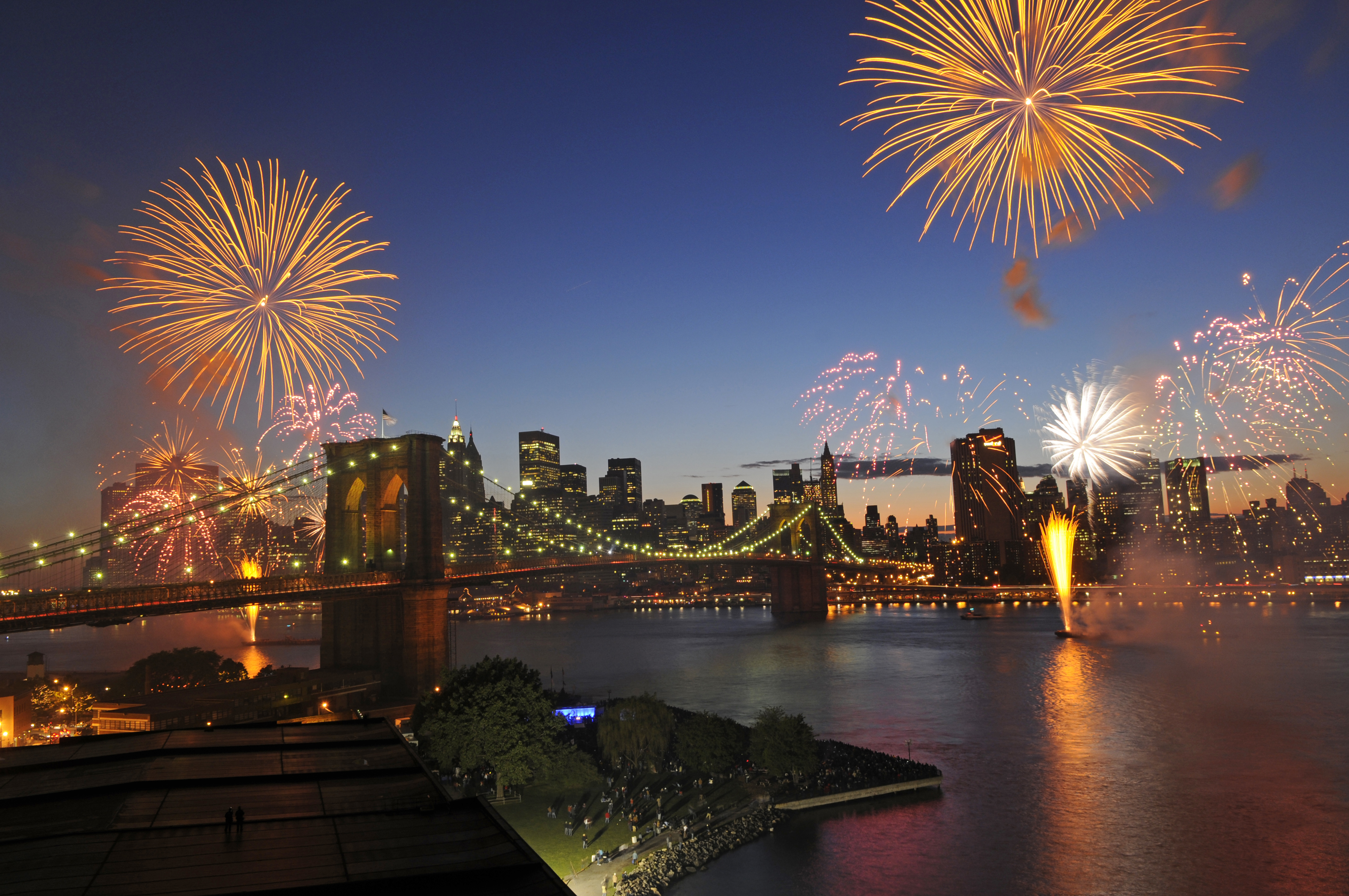 Download mobile wallpaper Night, City, Light, Bridge, New York, Fireworks, Photography, Brooklyn Bridge for free.