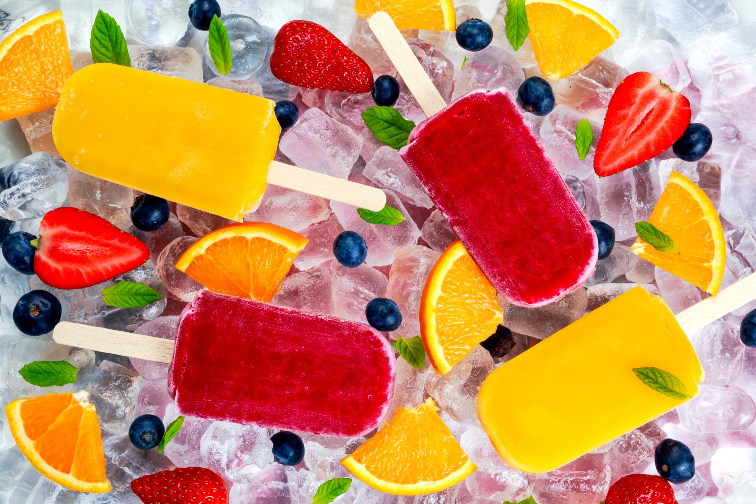 Download mobile wallpaper Food, Strawberry, Blueberry, Ice Cream, Lemon, Fruit, Sweets, Ice Cube for free.