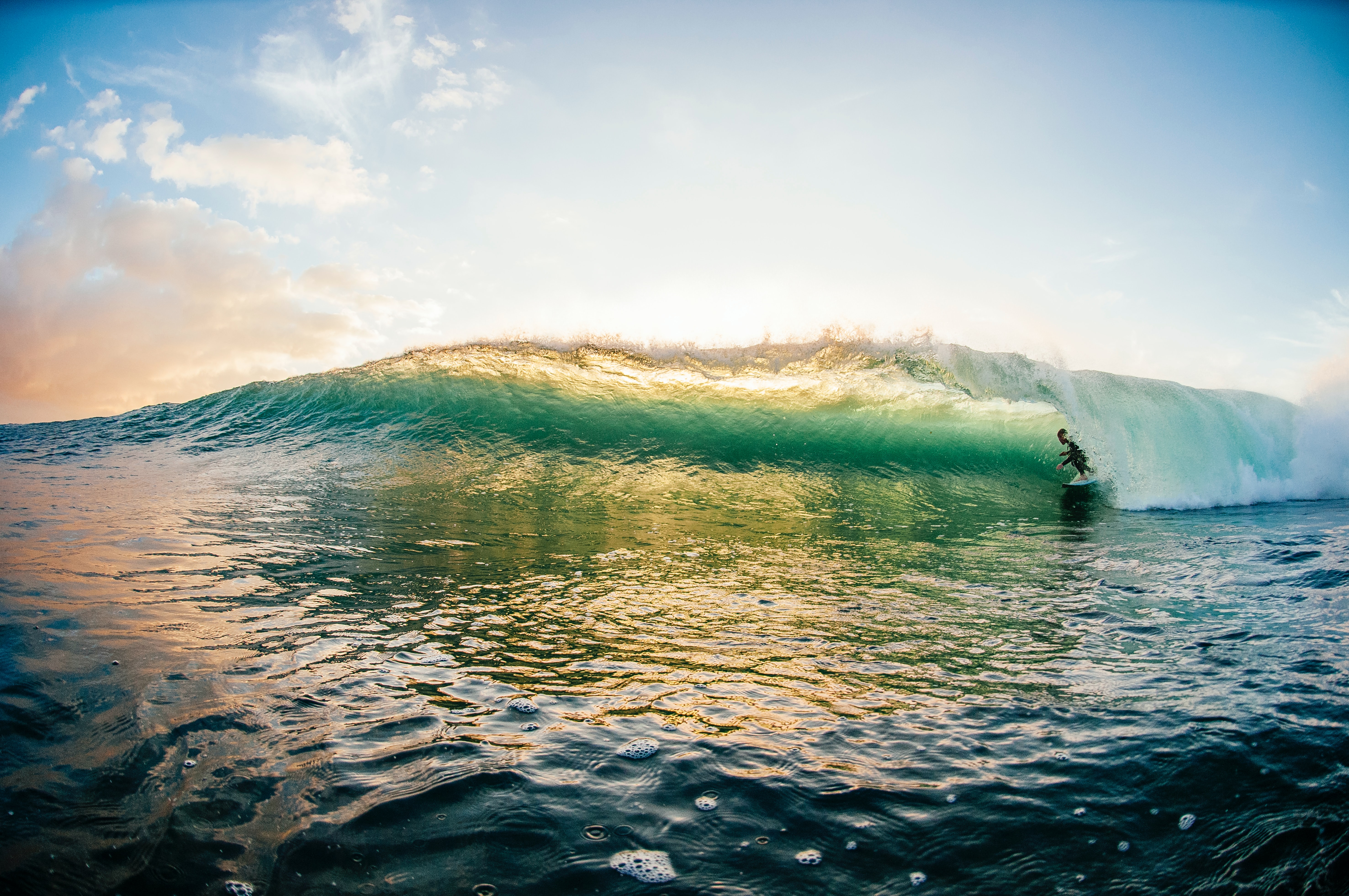 wave, serfing, sky, miscellanea, miscellaneous, ocean, surfer Free Stock Photo