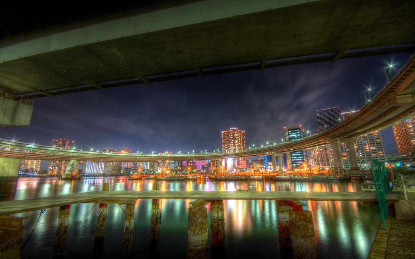 Laden Sie das Licht, Brücke, Farben, Nacht, Menschengemacht, Großstadt-Bild kostenlos auf Ihren PC-Desktop herunter