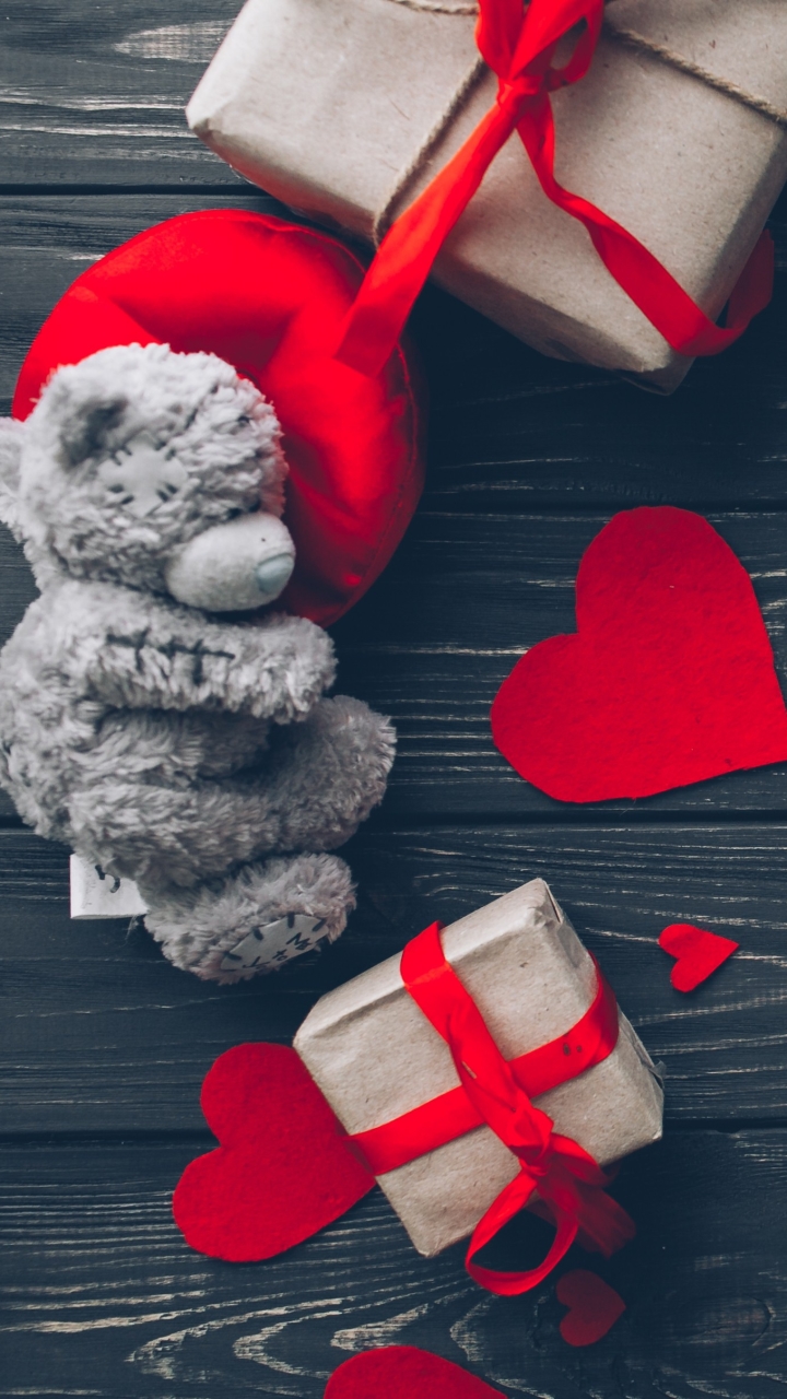 Handy-Wallpaper Feiertage, Liebe, Valentinstag, Teddybär, Geschenk, Herz, Romantisch, Stillleben kostenlos herunterladen.