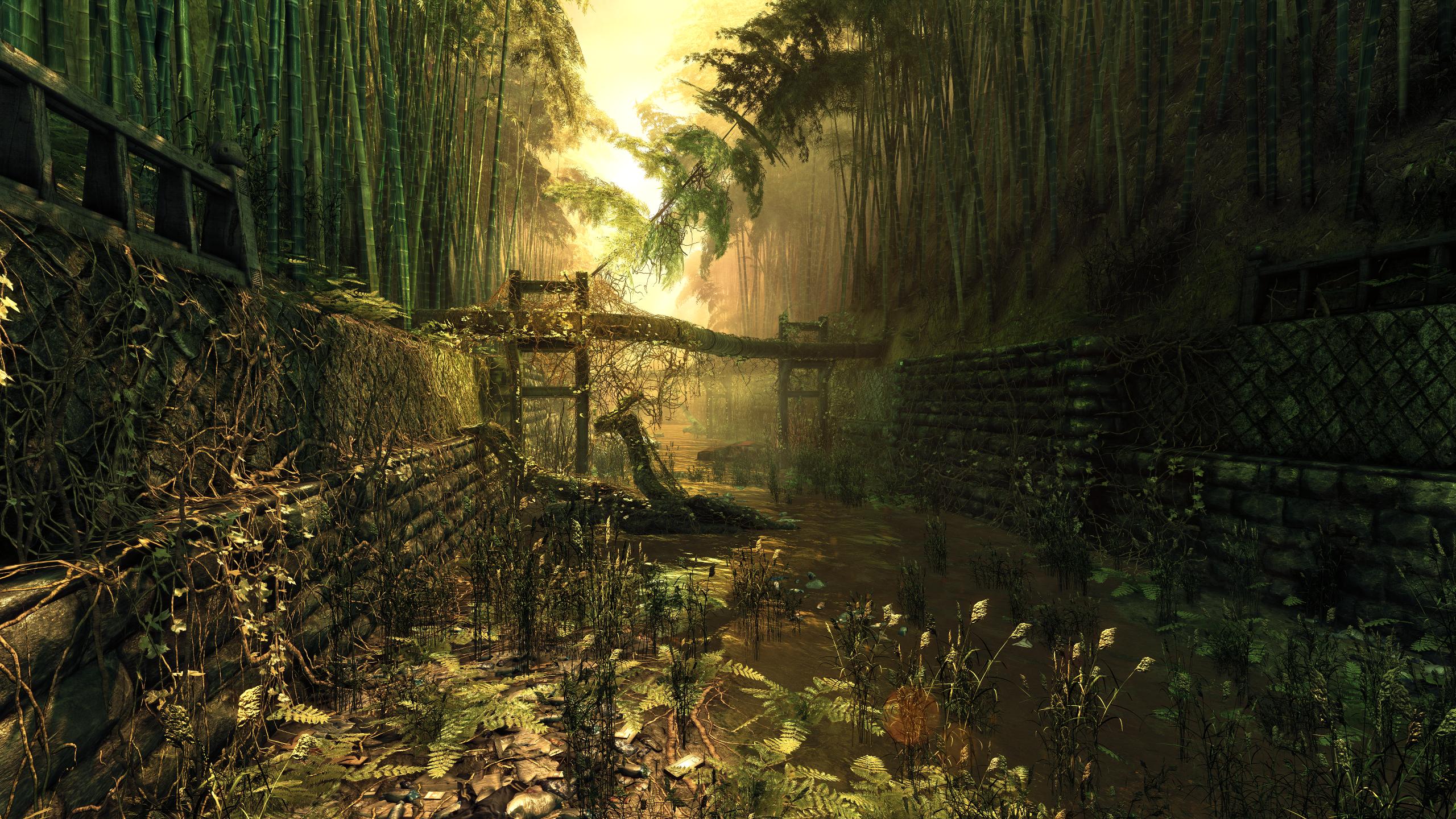 Download mobile wallpaper Nature, Bridge, Bamboo, Pond, Artistic for free.