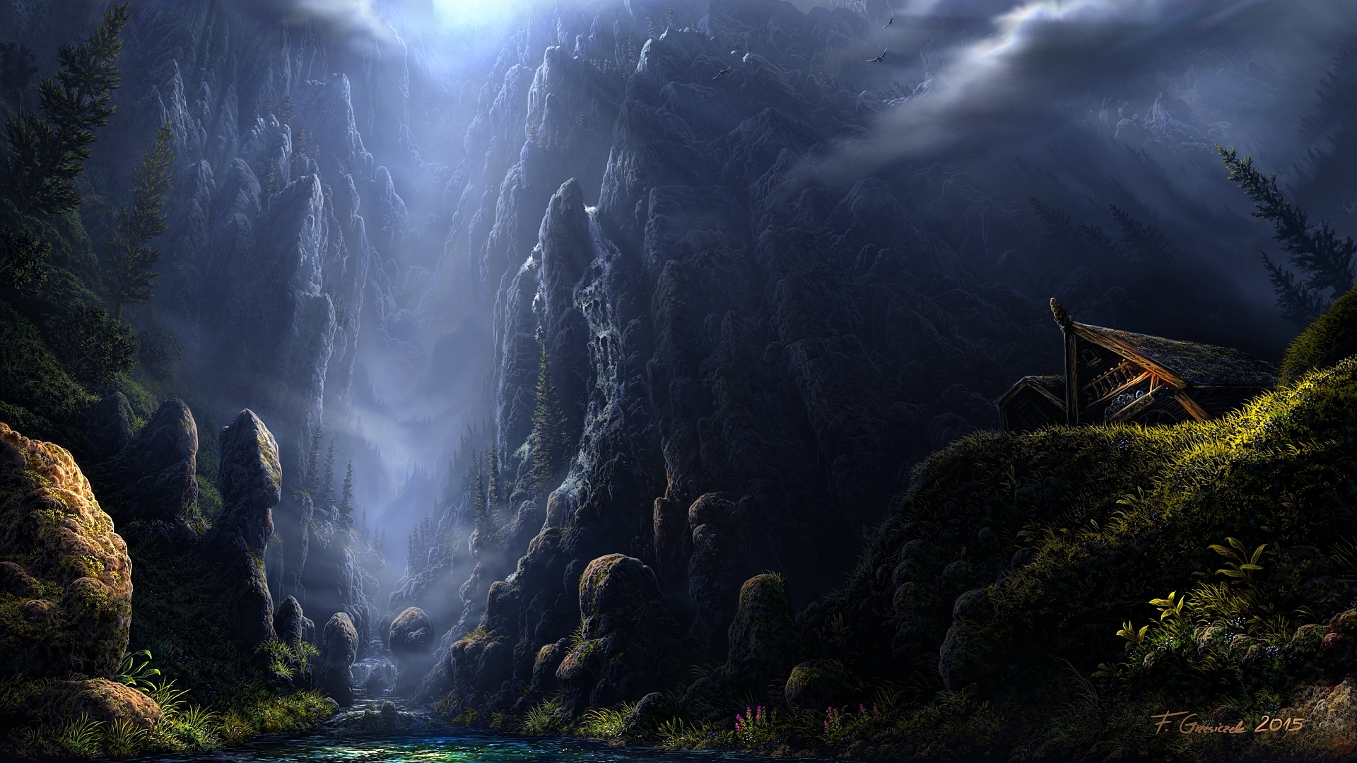 Free download wallpaper Mountain, House, Cliff, Stream, Painting, Artistic on your PC desktop