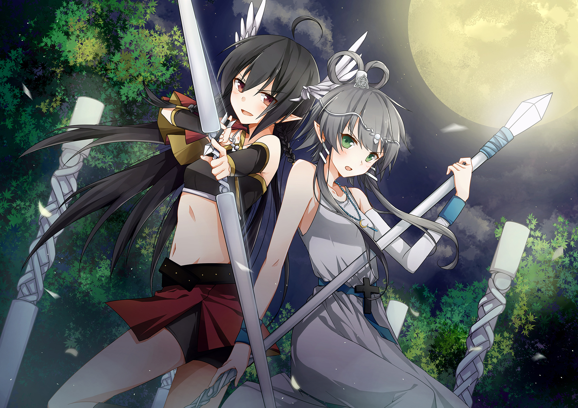 anime, vocaloid, arrow, black hair, bow, brown eyes, green eyes, long hair, luo tianyi, planet, skirt, staff, white hair, yuezheng ling