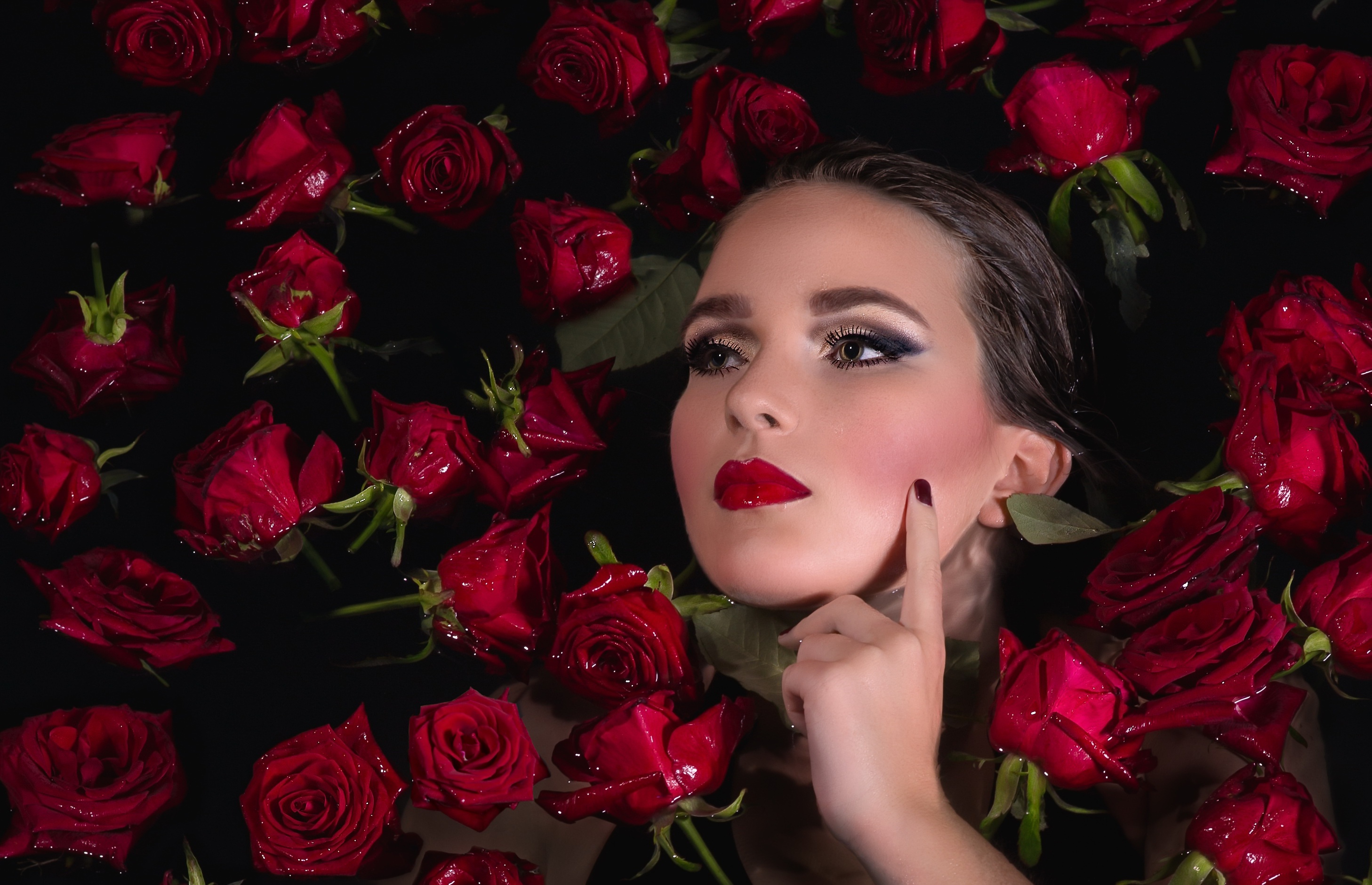 Download mobile wallpaper Water, Flower, Rose, Face, Model, Women, Red Rose, Red Flower, Lipstick for free.