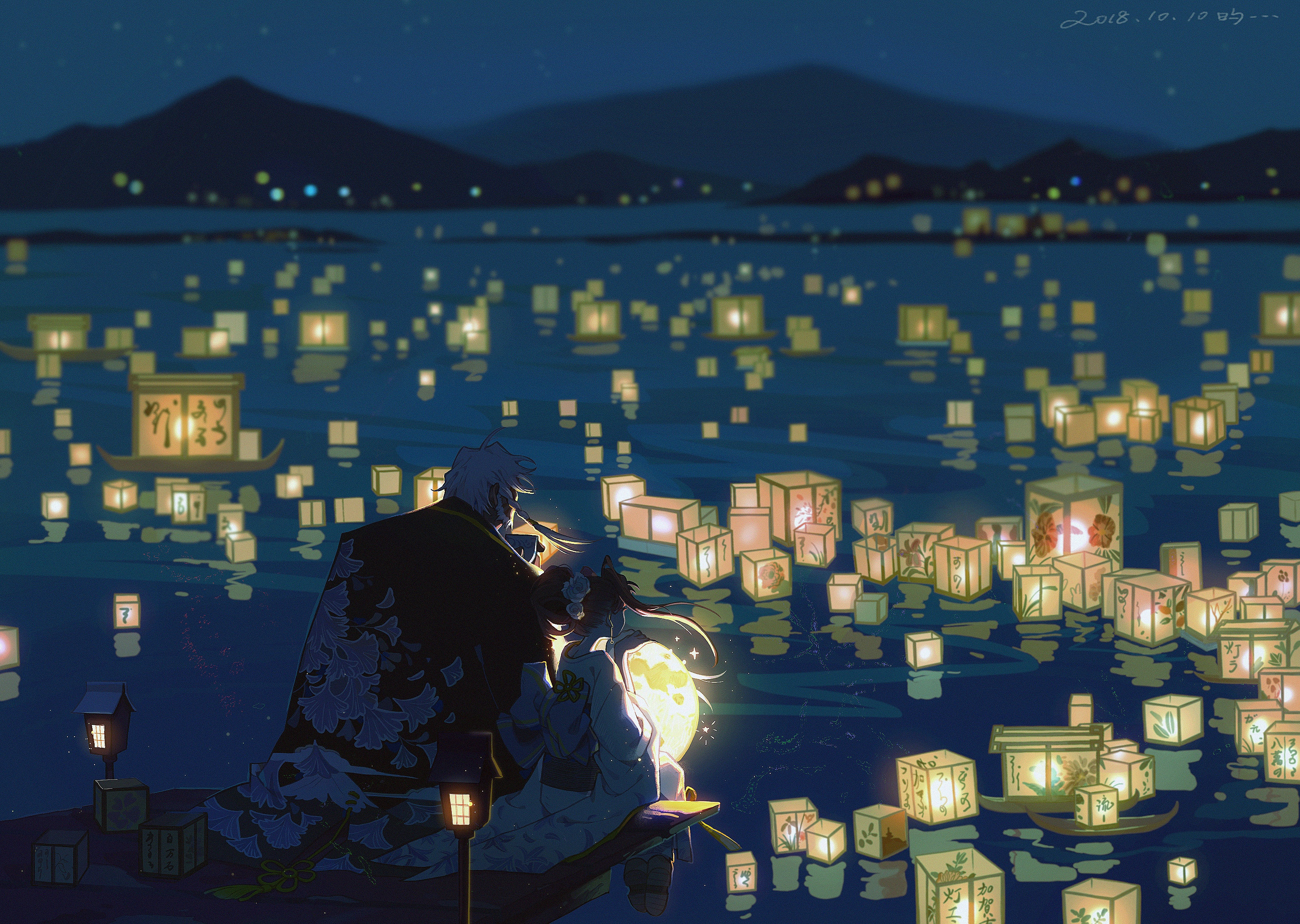 Free download wallpaper Anime, Lake, Lantern, Original on your PC desktop