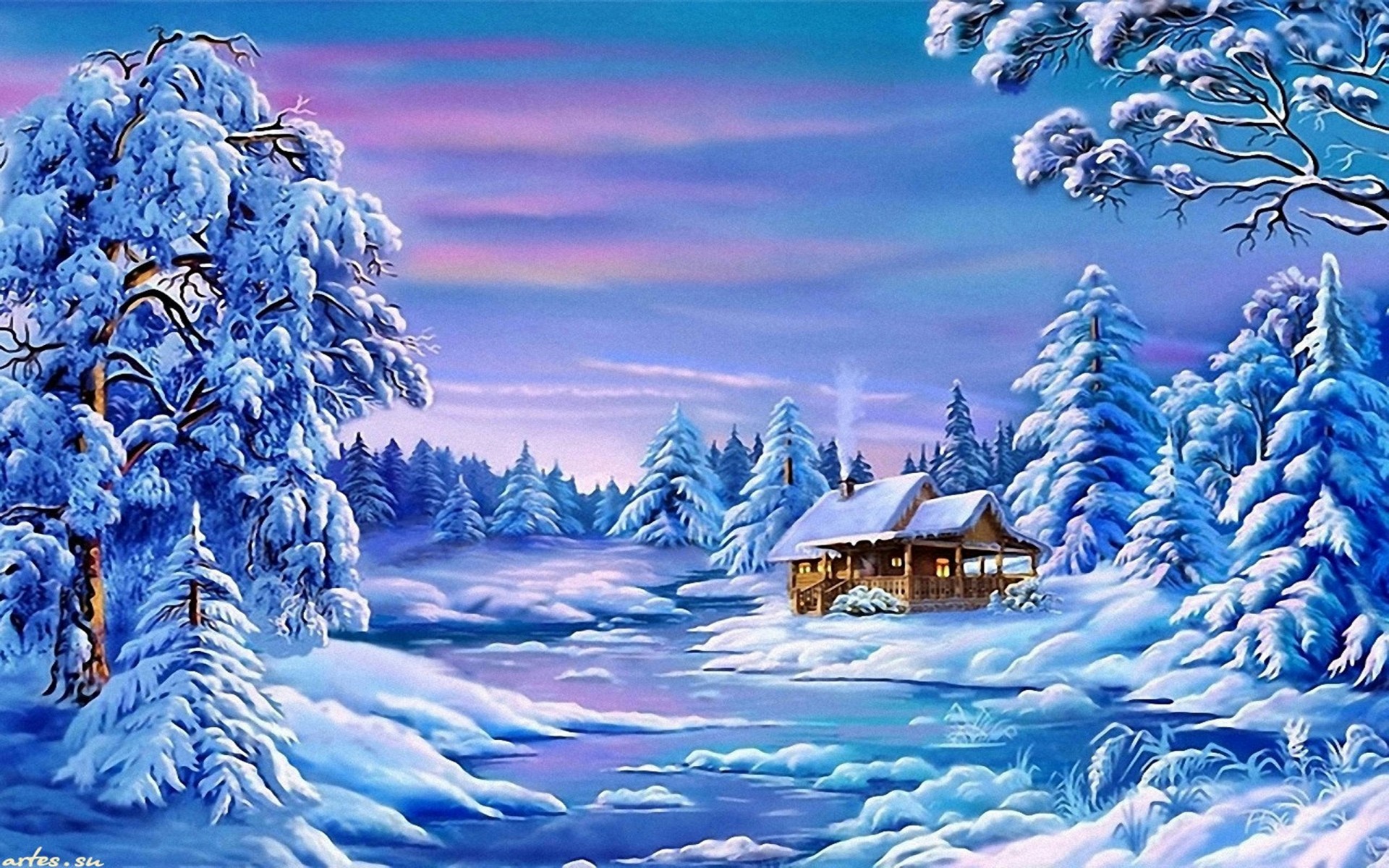 Download mobile wallpaper Landscape, Winter, Snow, Tree, Artistic, Cabin for free.
