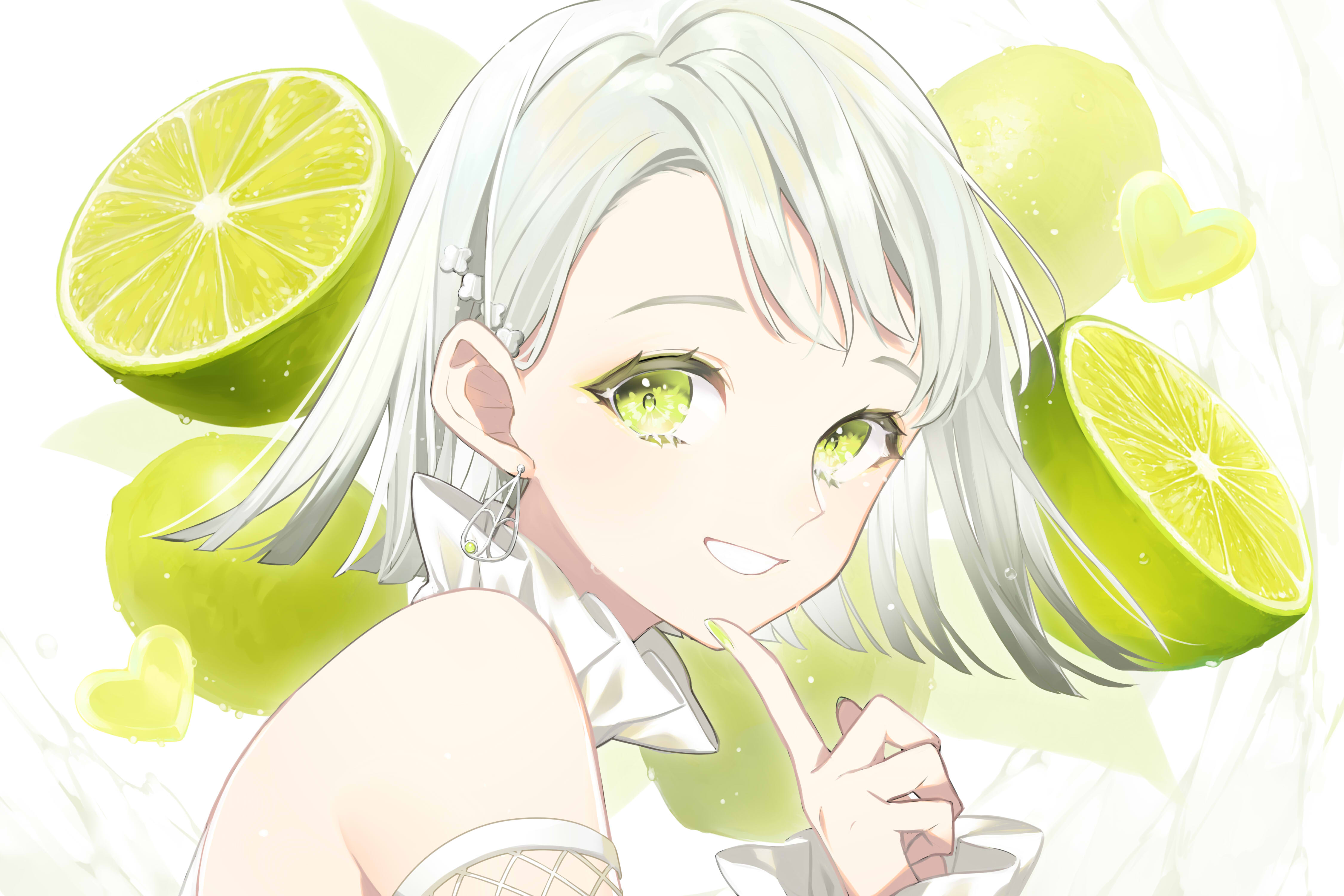 Free download wallpaper Anime, Lime, Girl, Earrings, Green Eyes, Short Hair, White Hair on your PC desktop