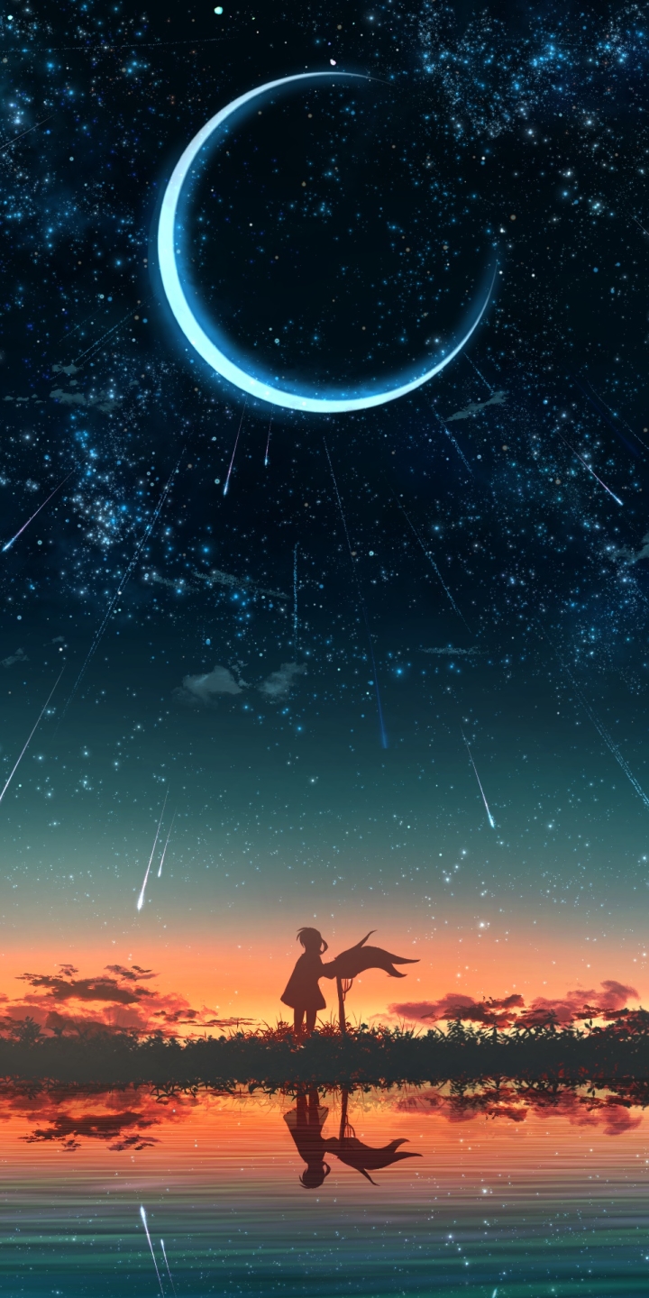 Download mobile wallpaper Anime, Nature, Sunset, Sky, Pond, Crescent, Original, Star Trail for free.